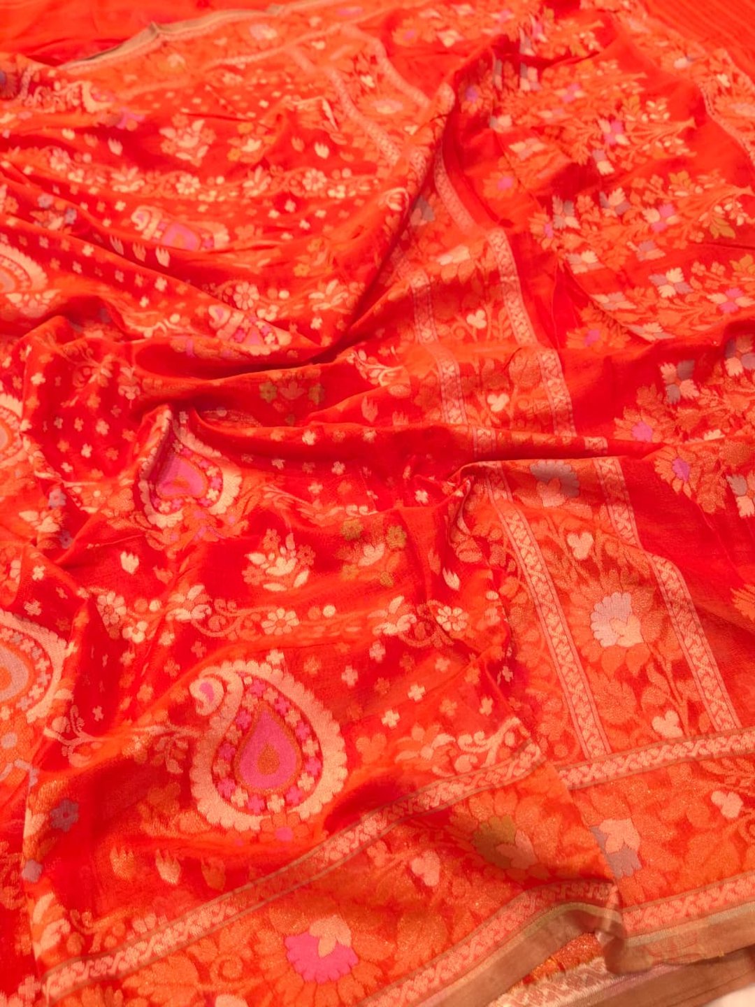 Rust Orange Cotton Banarasi saree pallu detail