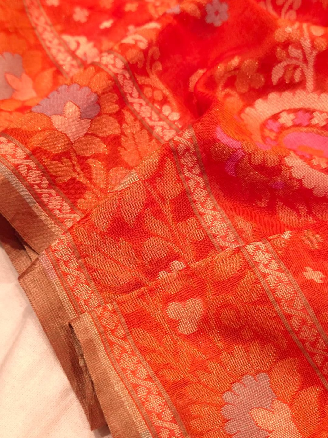 Rust Orange Cotton Banarasi saree full spread