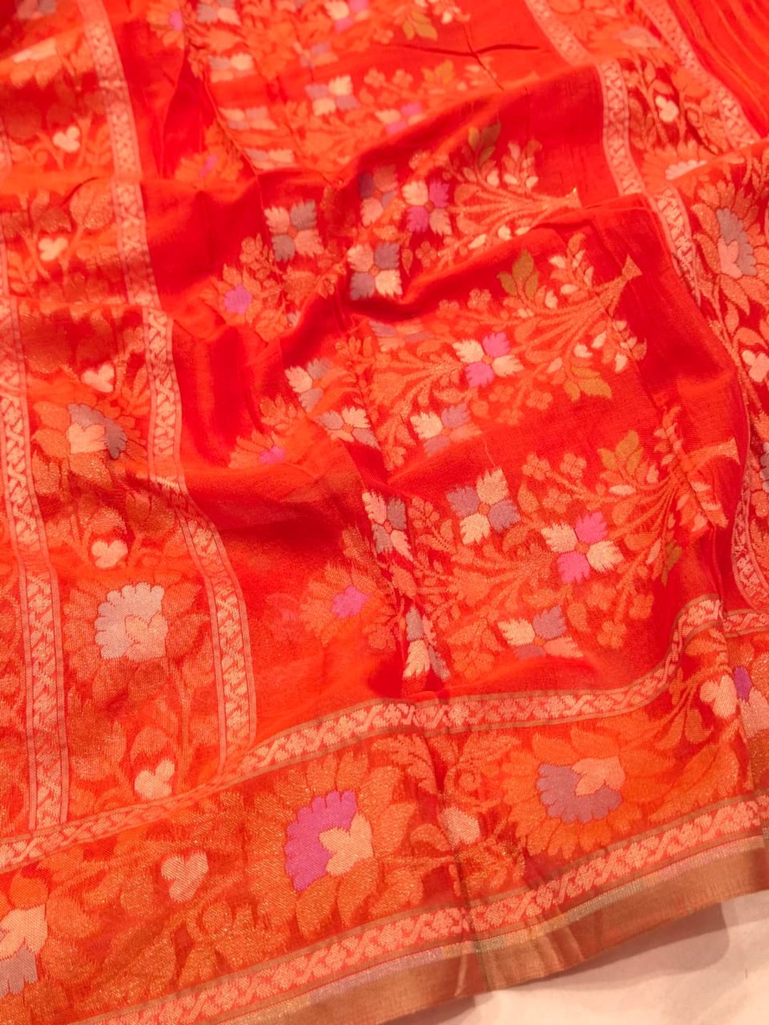 Rust Orange Cotton Banarasi saree texture detail
