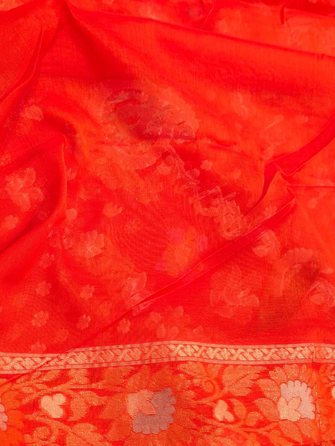 Rust Orange Cotton Banarasi saree zari work detail