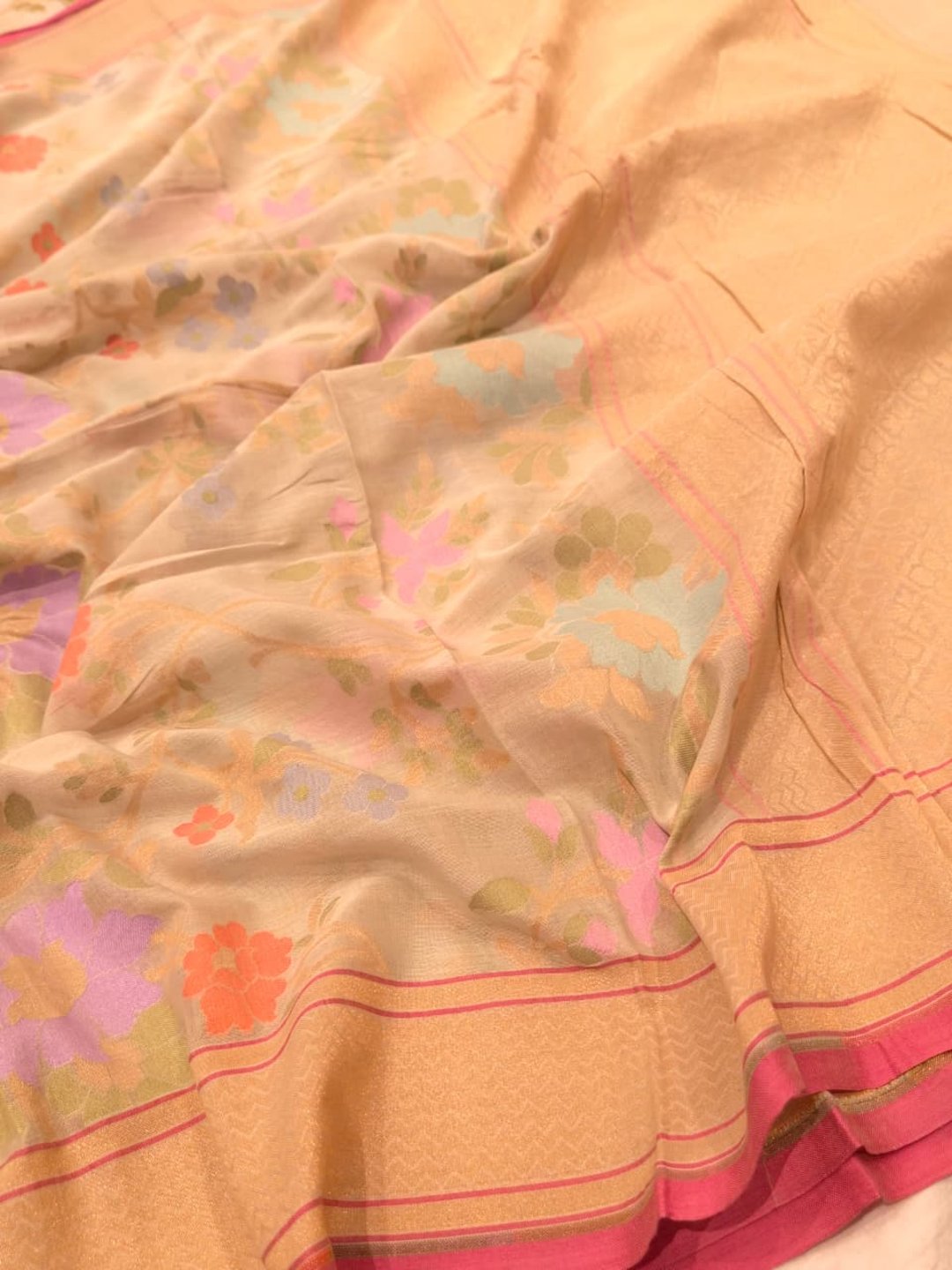 Muted MInt Green Cotton Banarasi saree front drape view