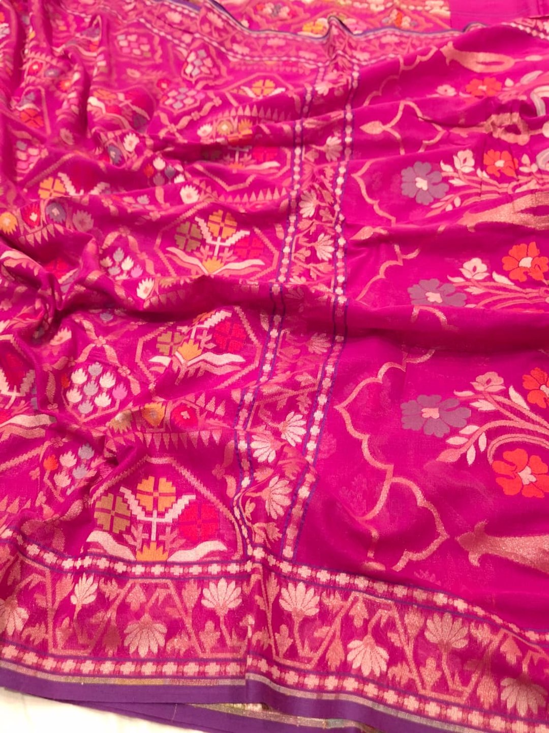 Dark Pink Cotton Banarasi saree front drape view