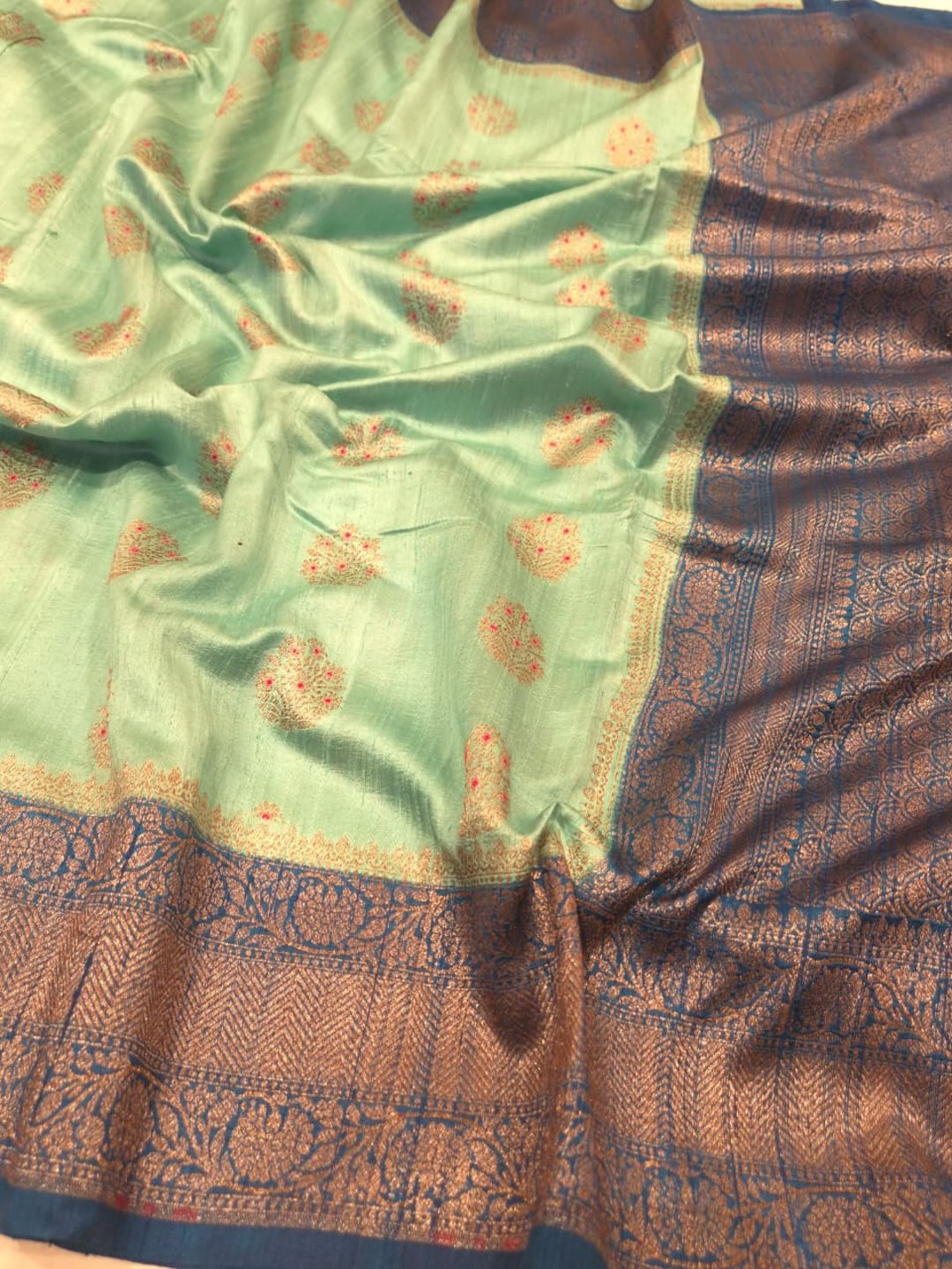 Mint Green Body with Peacock Blue Border Tussar Silk Banarasi saree pallu detail