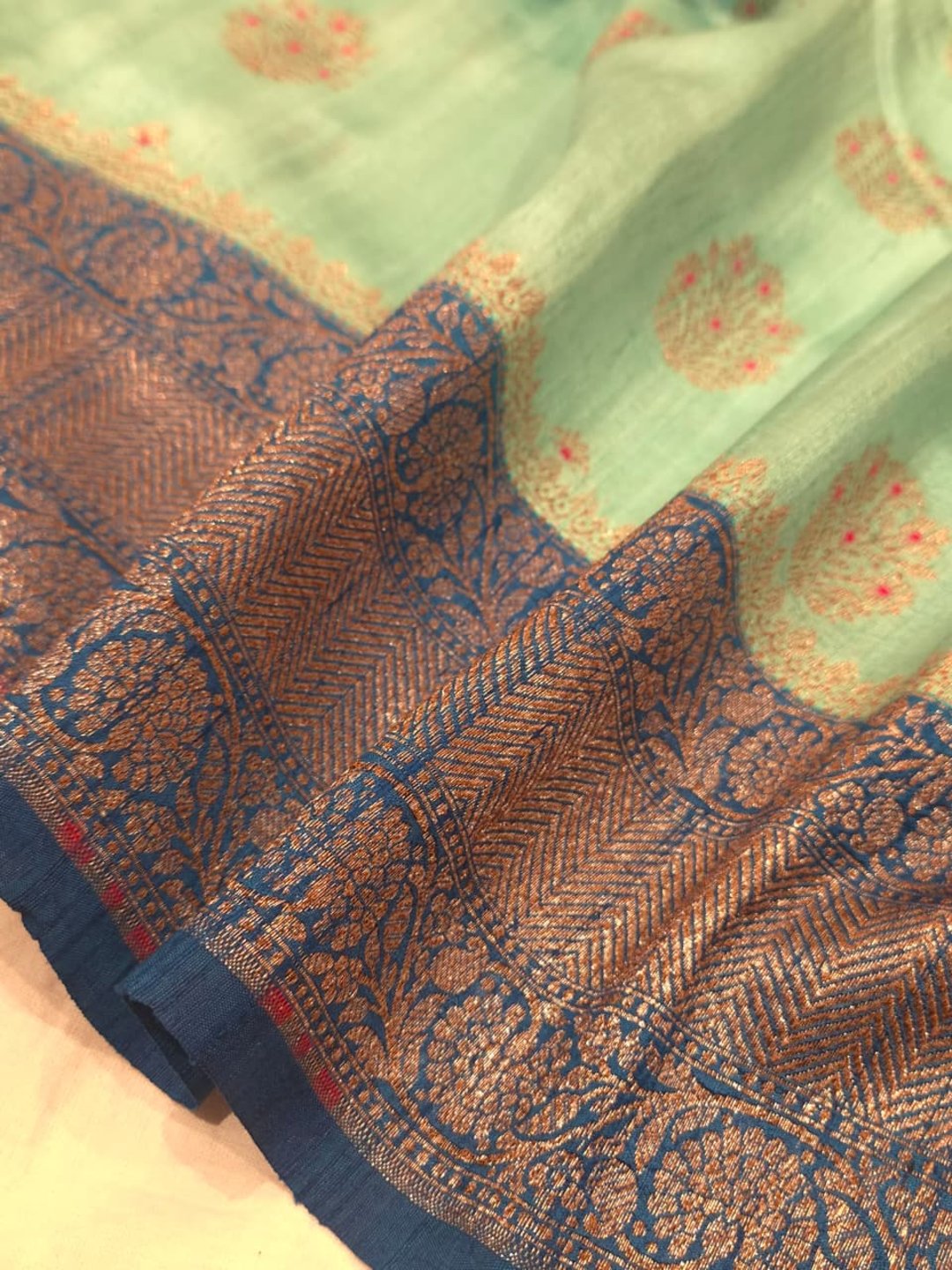Mint Green Body with Peacock Blue Border Tussar Silk Banarasi saree blouse piece