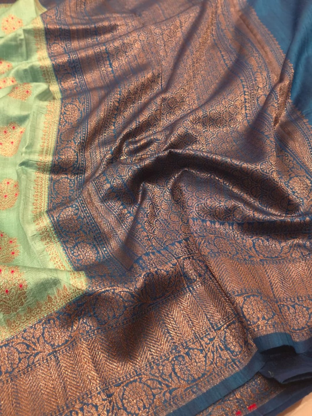 Mint Green Body with Peacock Blue Border Tussar Silk Banarasi saree full spread