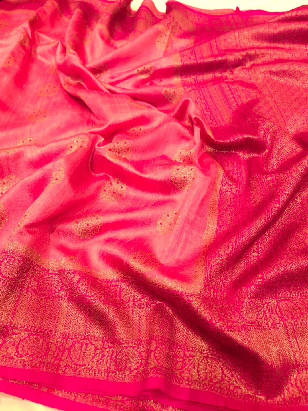 Rose Pink Body with Rani Pink Border Tussar Silk Banarasi saree front drape view
