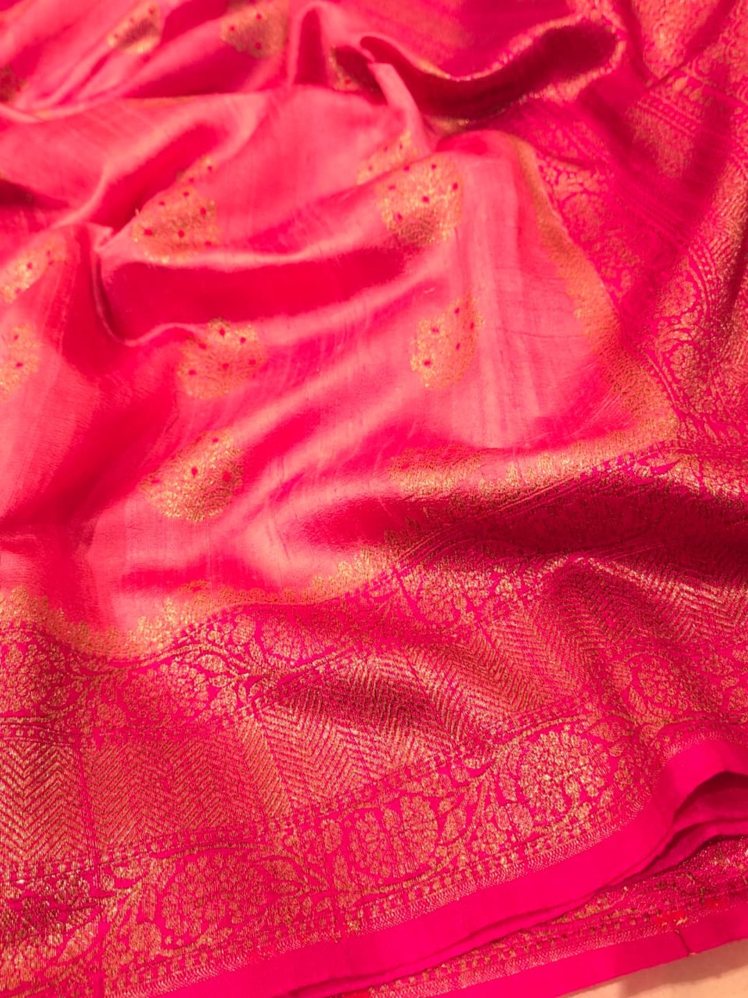 Rose Pink Body with Rani Pink Border Tussar Silk Banarasi saree front drape view