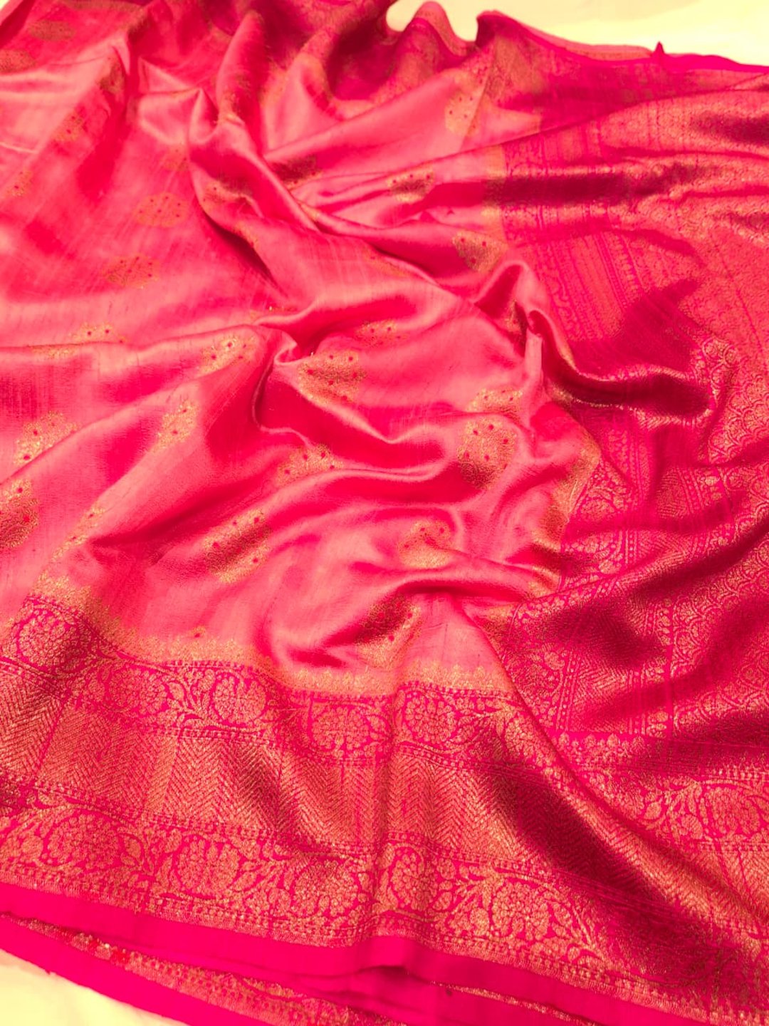 Rose Pink Body with Rani Pink Border Tussar Silk Banarasi saree front drape view