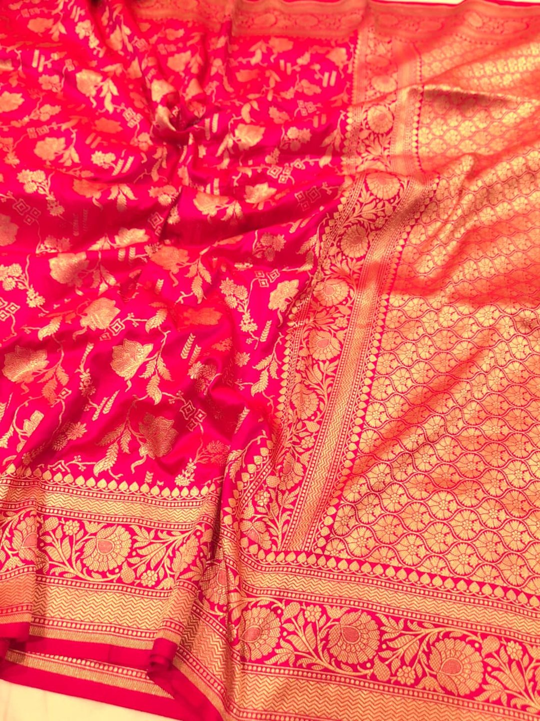 Royal Pink Katan Silk Banarasi saree front drape view
