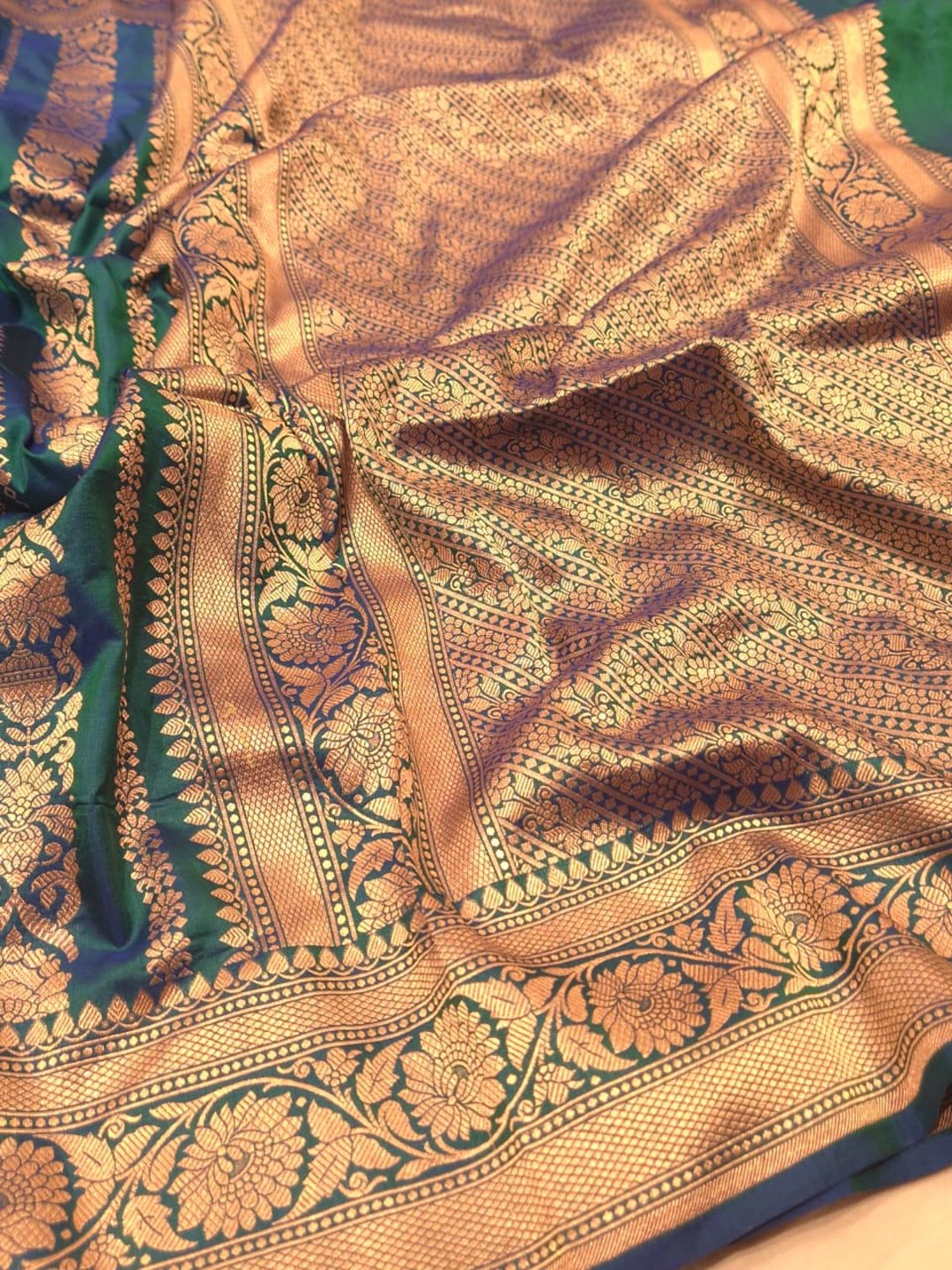 Peacock blue Katan Silk Banarasi saree texture detail