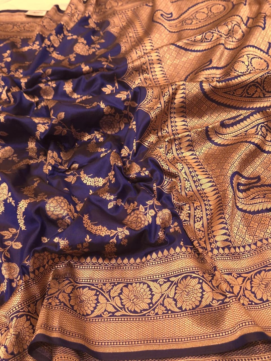 Deep Navy Blue Katan Silk Banarasi saree front drape view