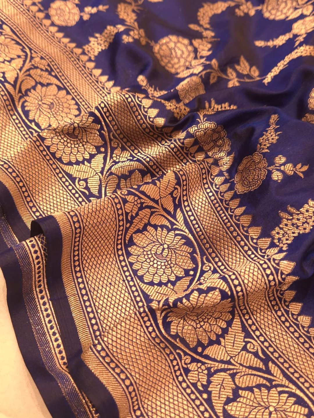 Deep Navy Blue Katan Silk Banarasi saree border closeup