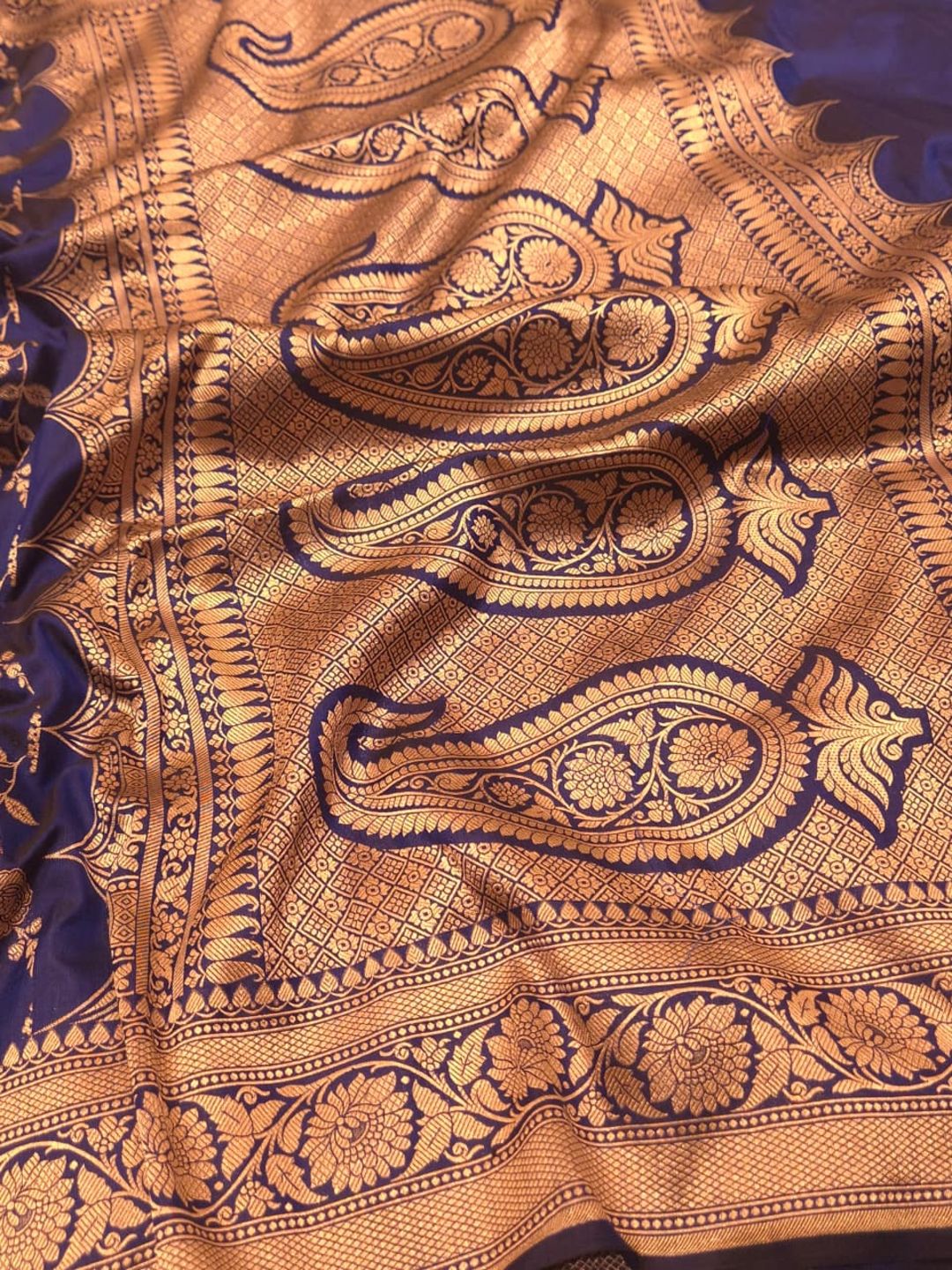 Deep Navy Blue Katan Silk Banarasi saree full spread