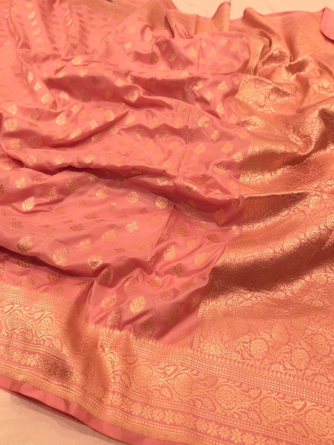 Light PInk Katan Silk Banarasi saree front drape view