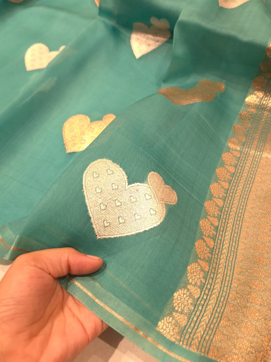 Teal blue Kora Silk Banarasi saree blouse piece