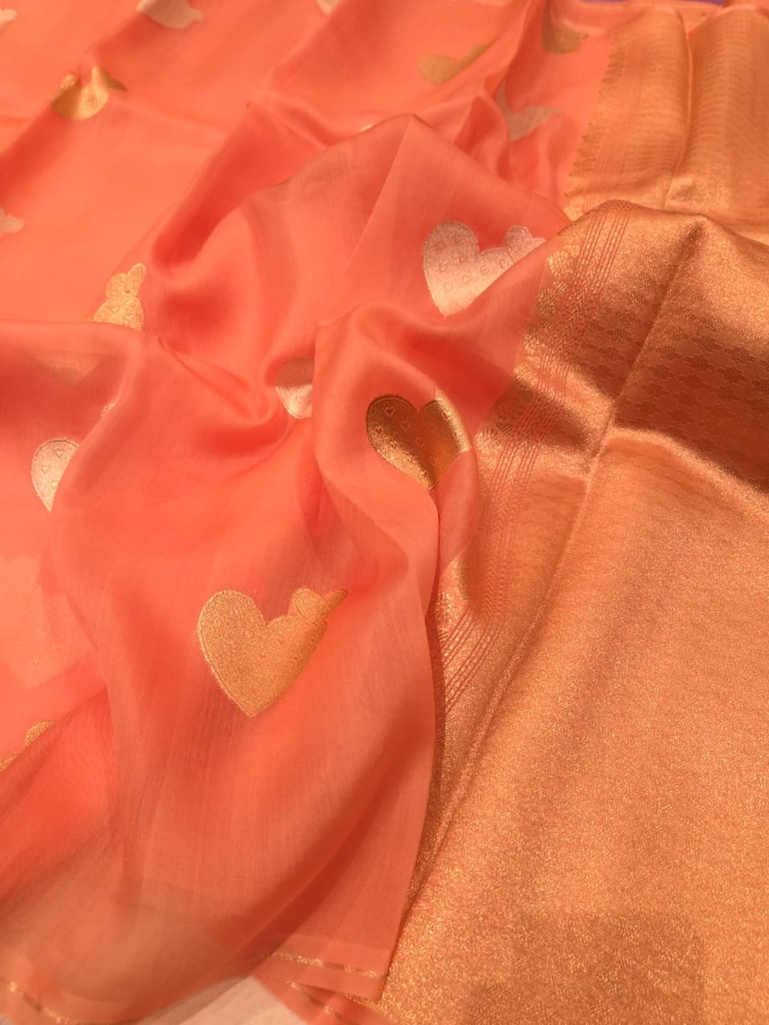 Peach Kora Silk Banarasi saree front drape view