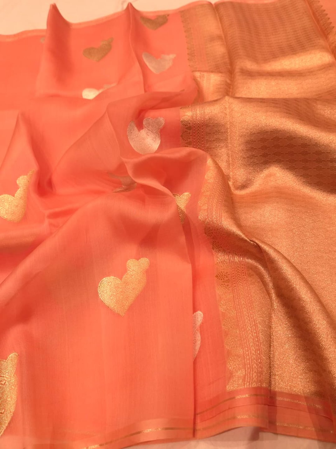 Peach Kora Silk Banarasi saree full spread