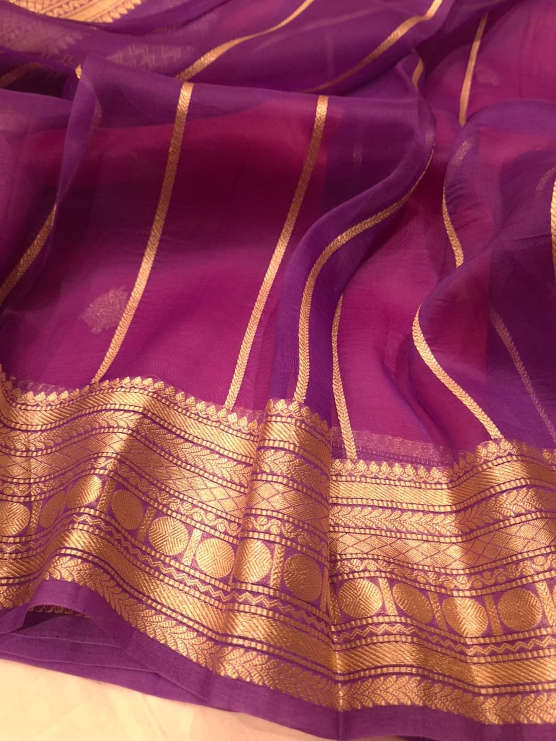 Peach with Purple border shade Kora Silk Banarasi saree full spread