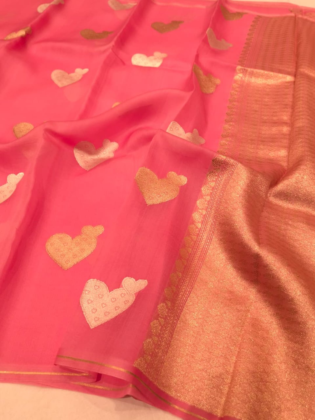 Light Pink Kora Silk Banarasi saree front drape view