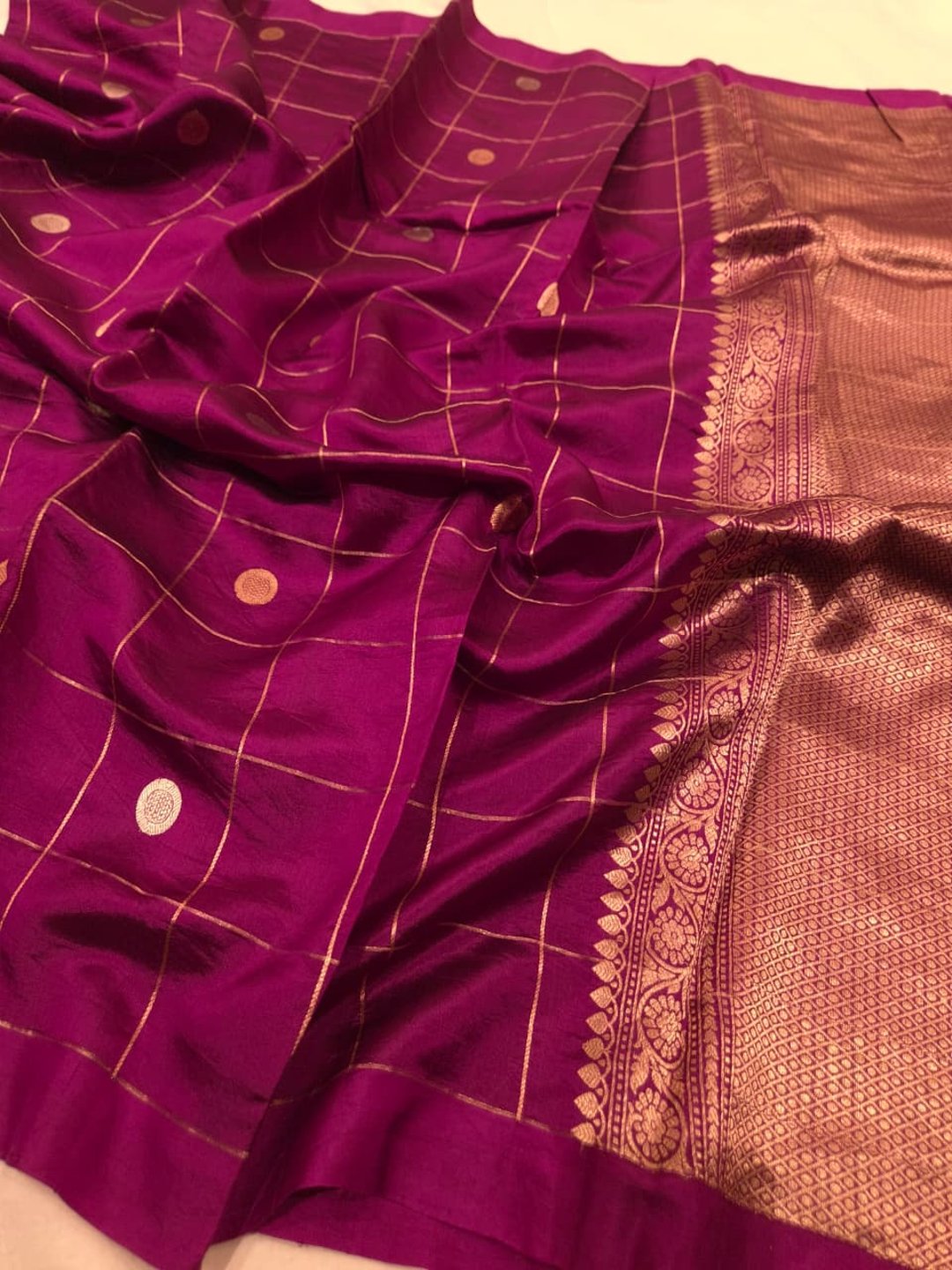 Royal Purple Katan Silk Banarasi saree front drape view