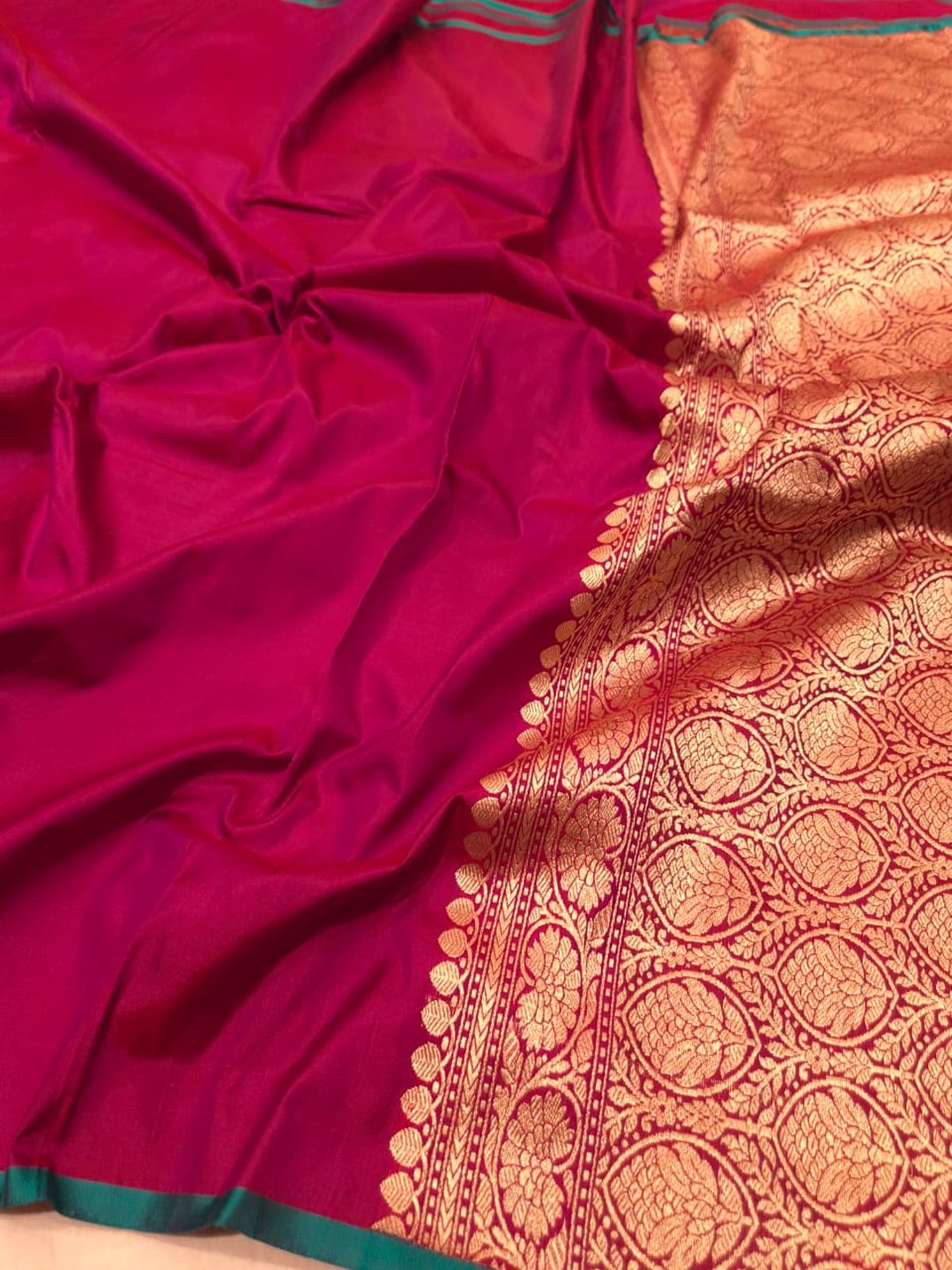 vibrant magenta-pink Katan Silk Banarasi saree front drape view