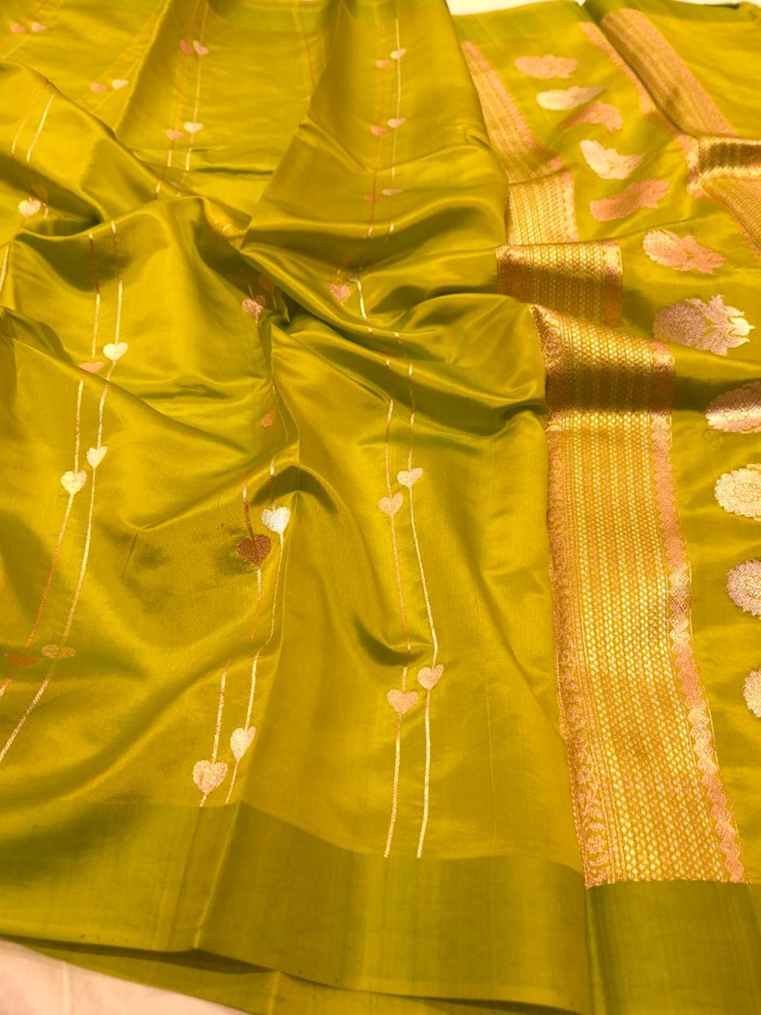 Parrot Green Katan Silk Banarasi saree front drape view