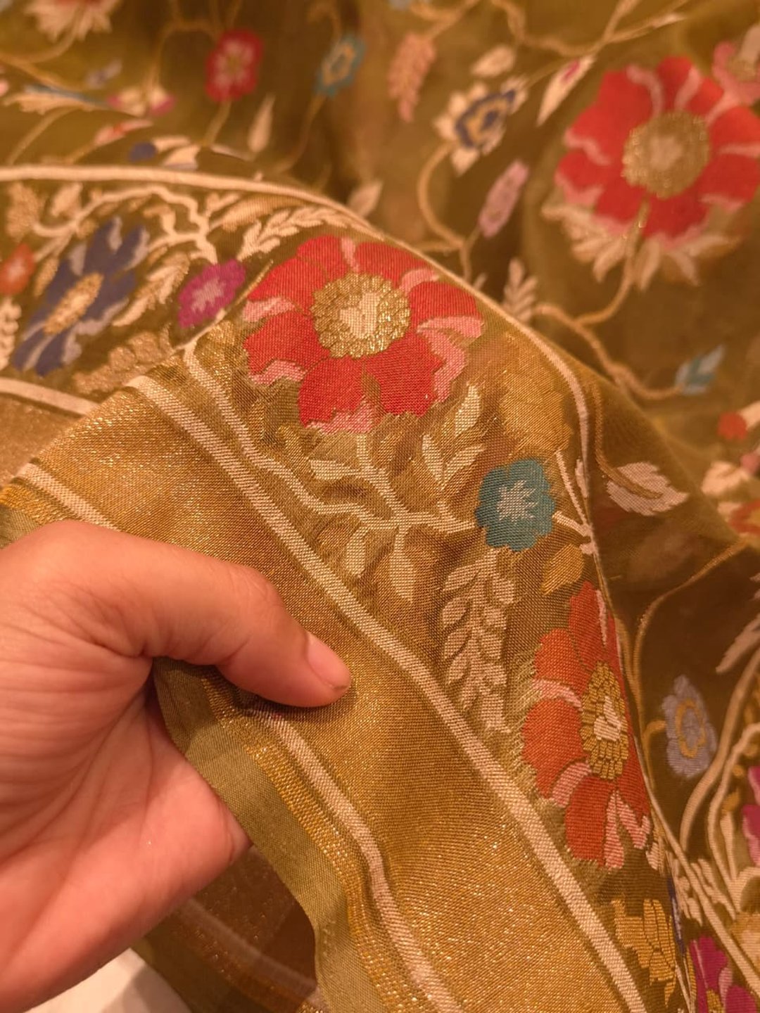 Rich Olive Green with Multicolour Floral Weaving Kora Silk Banarasi saree full spread