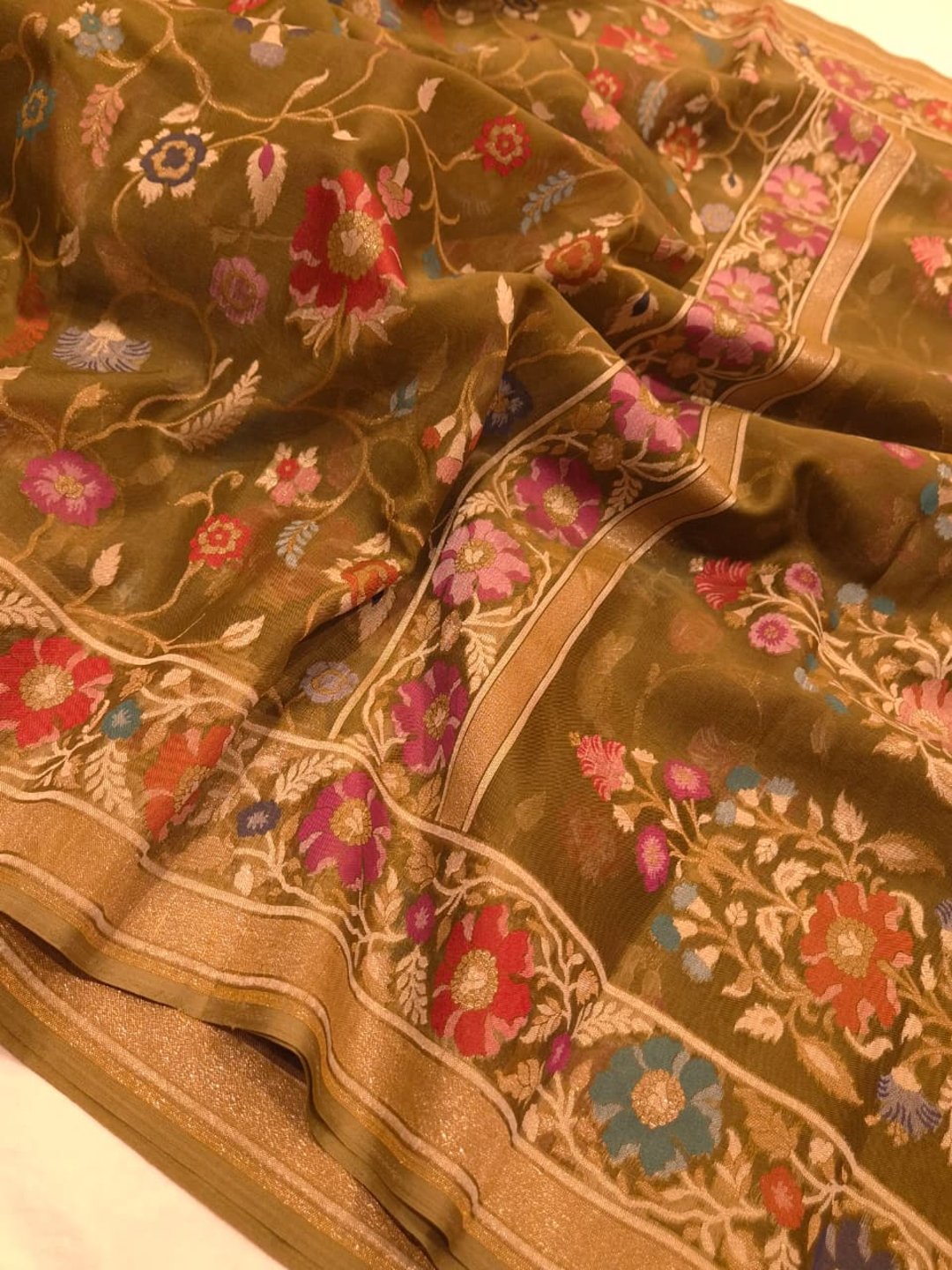 Rich Olive Green with Multicolour Floral Weaving Kora Silk Banarasi saree zari work detail