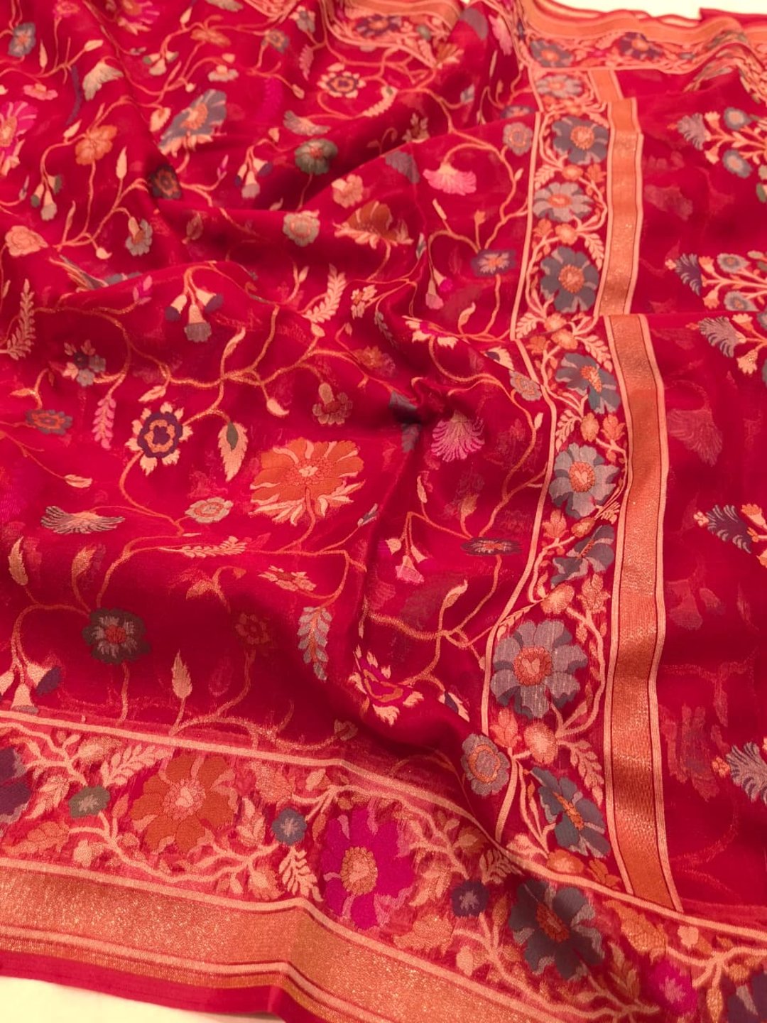 Maroon Kora Silk Banarasi saree front drape view