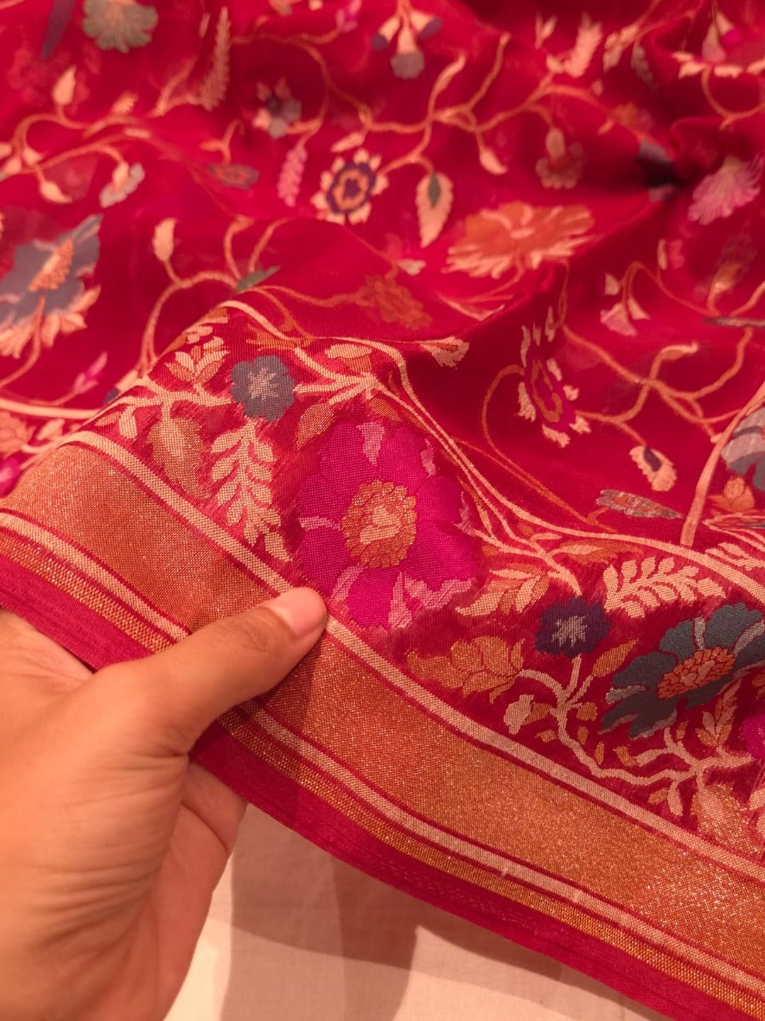 Maroon Kora Silk Banarasi saree border closeup