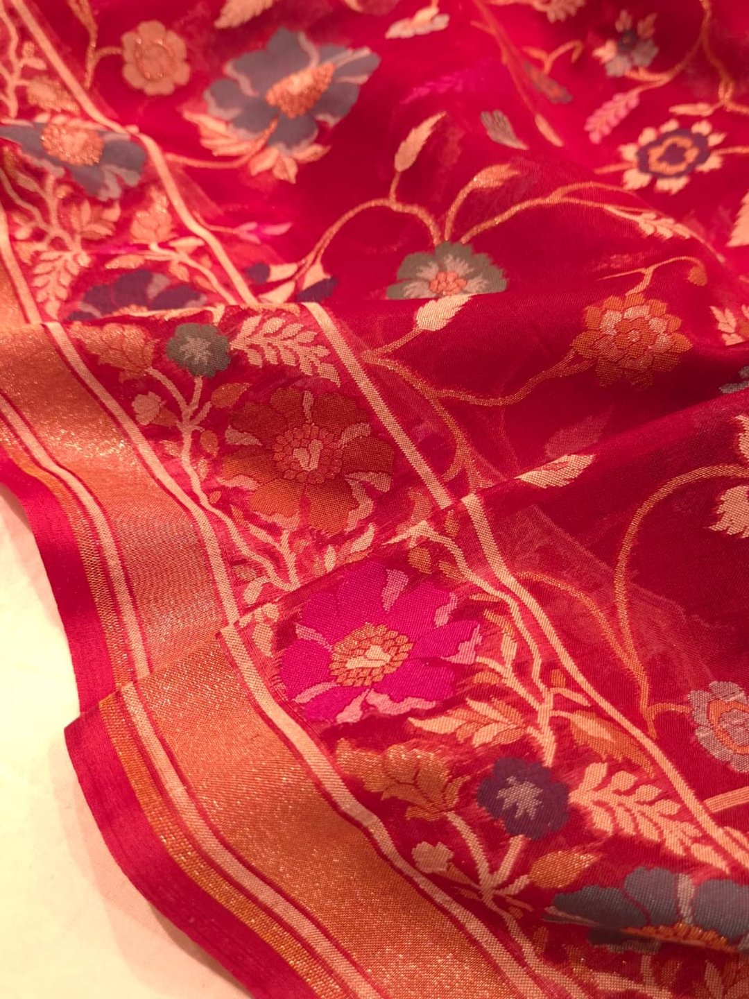 Maroon Kora Silk Banarasi saree zari work detail