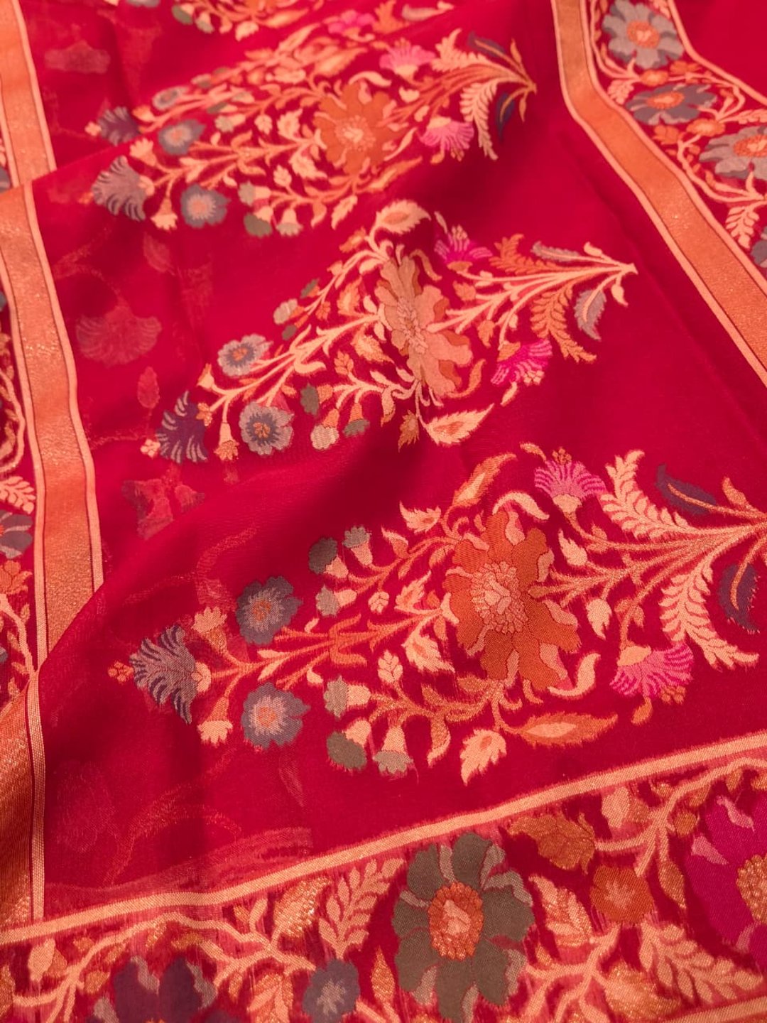 Maroon Kora Silk Banarasi saree folded view