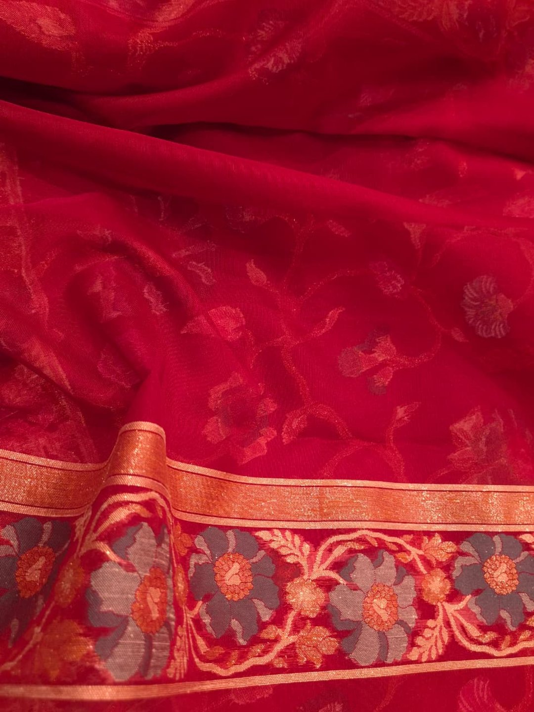 Maroon Kora Silk Banarasi saree front drape view