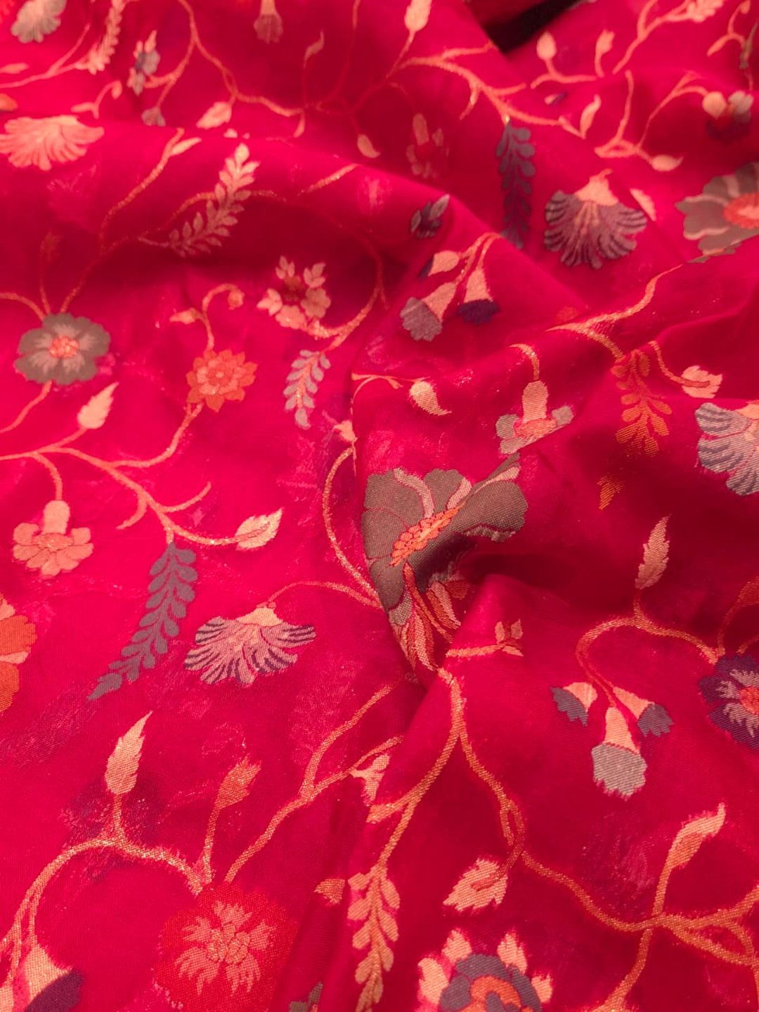 Rani Pink Kora Silk Banarasi saree border closeup