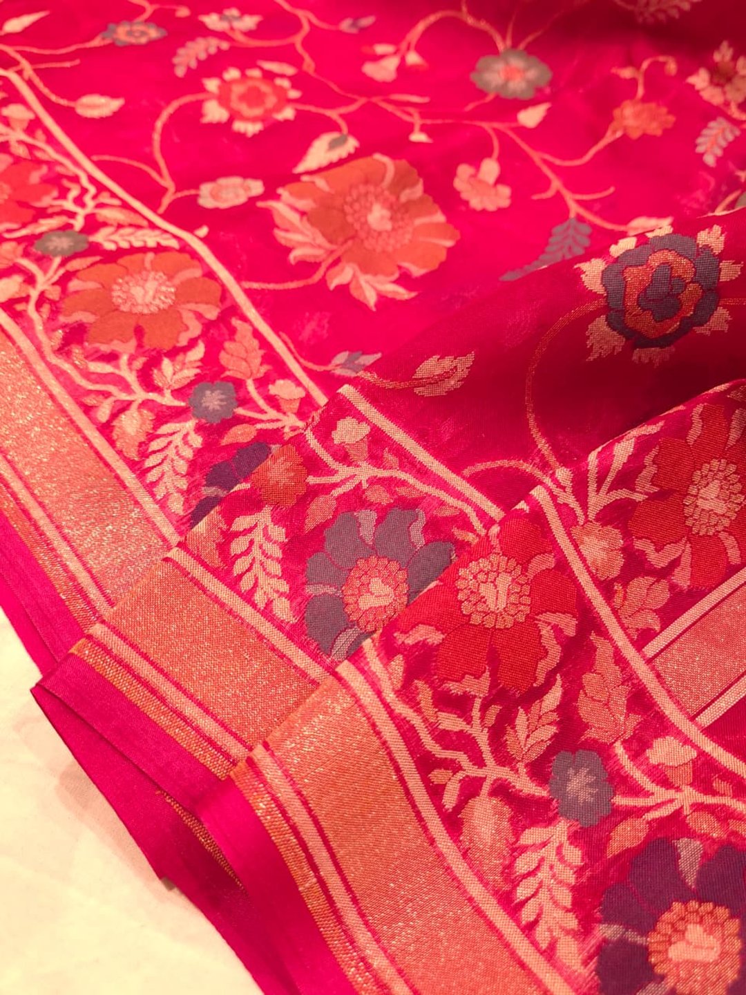 Rani Pink Kora Silk Banarasi saree blouse piece