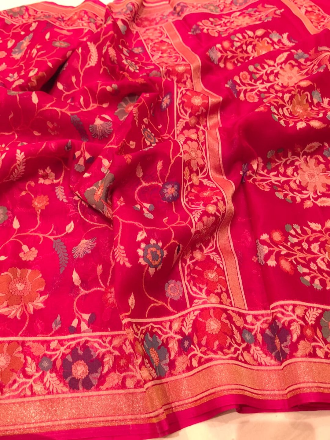 Rani Pink Kora Silk Banarasi saree texture detail