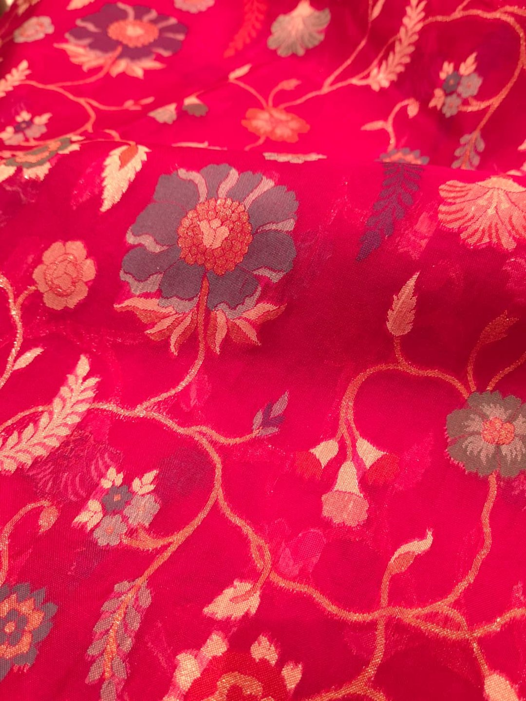 Rani Pink Kora Silk Banarasi saree zari work detail