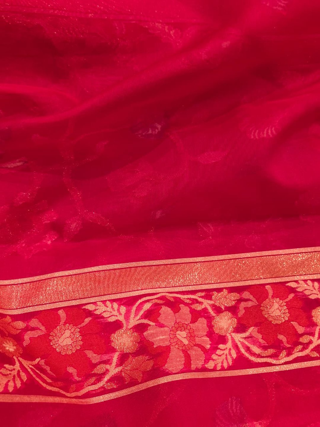Rani Pink Kora Silk Banarasi saree front drape view