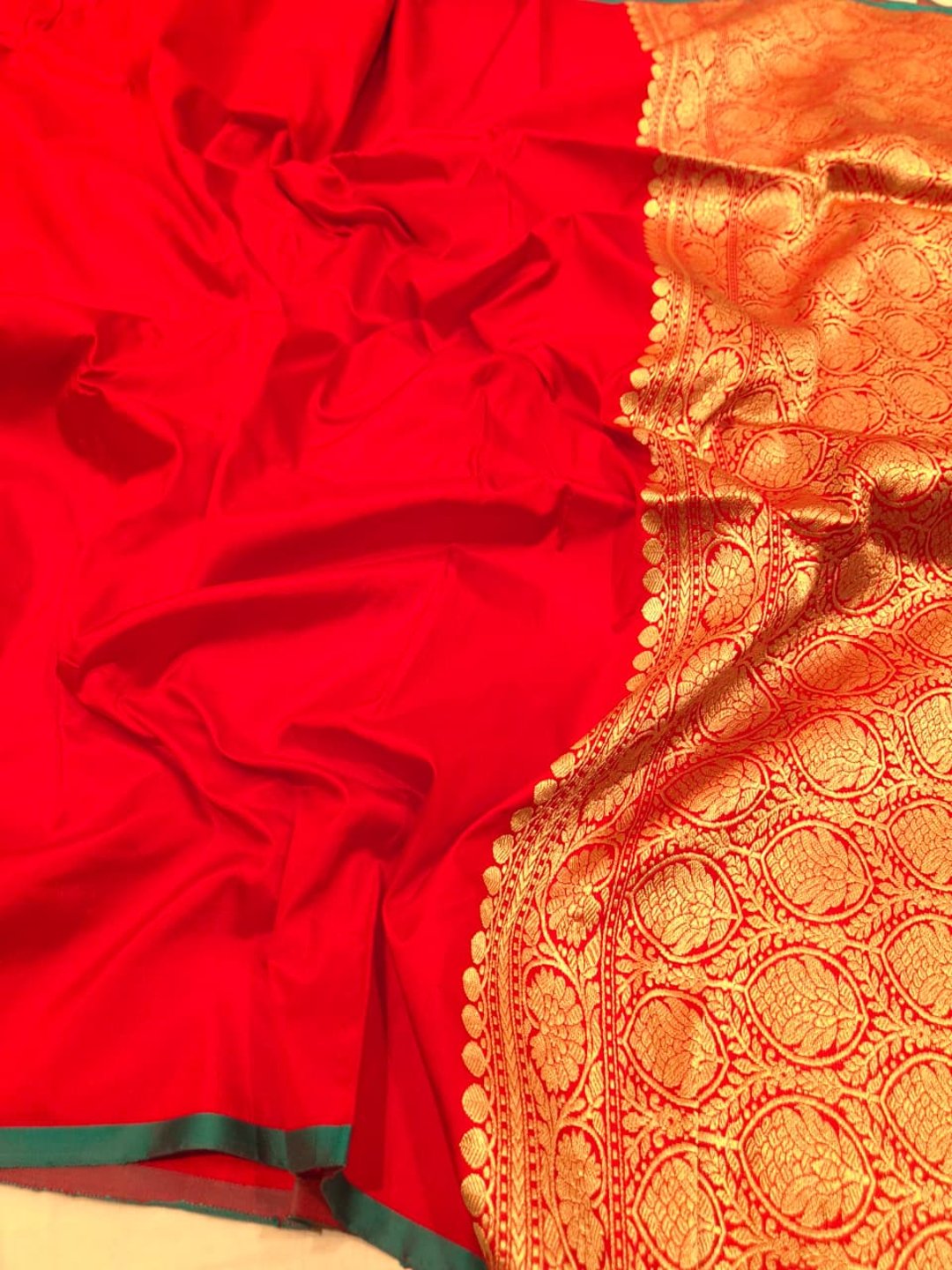 Red Katan Silk Banarasi saree front drape view