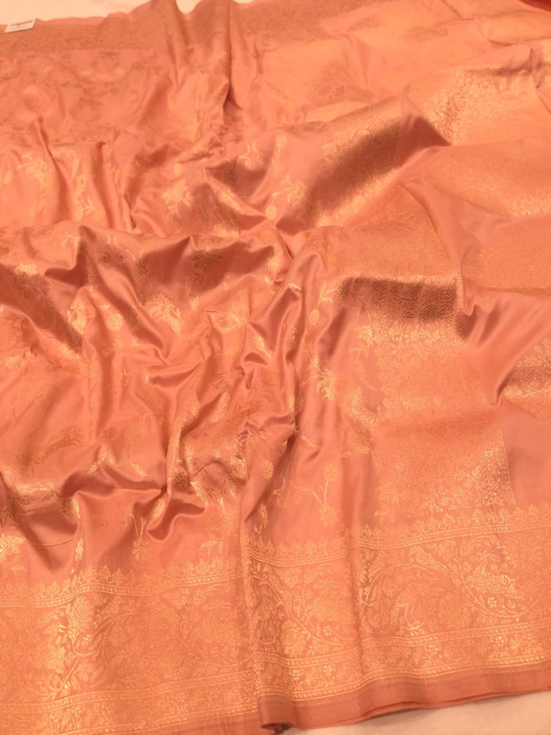 Light Peach Pink Katan Silk Banarasi saree front drape view
