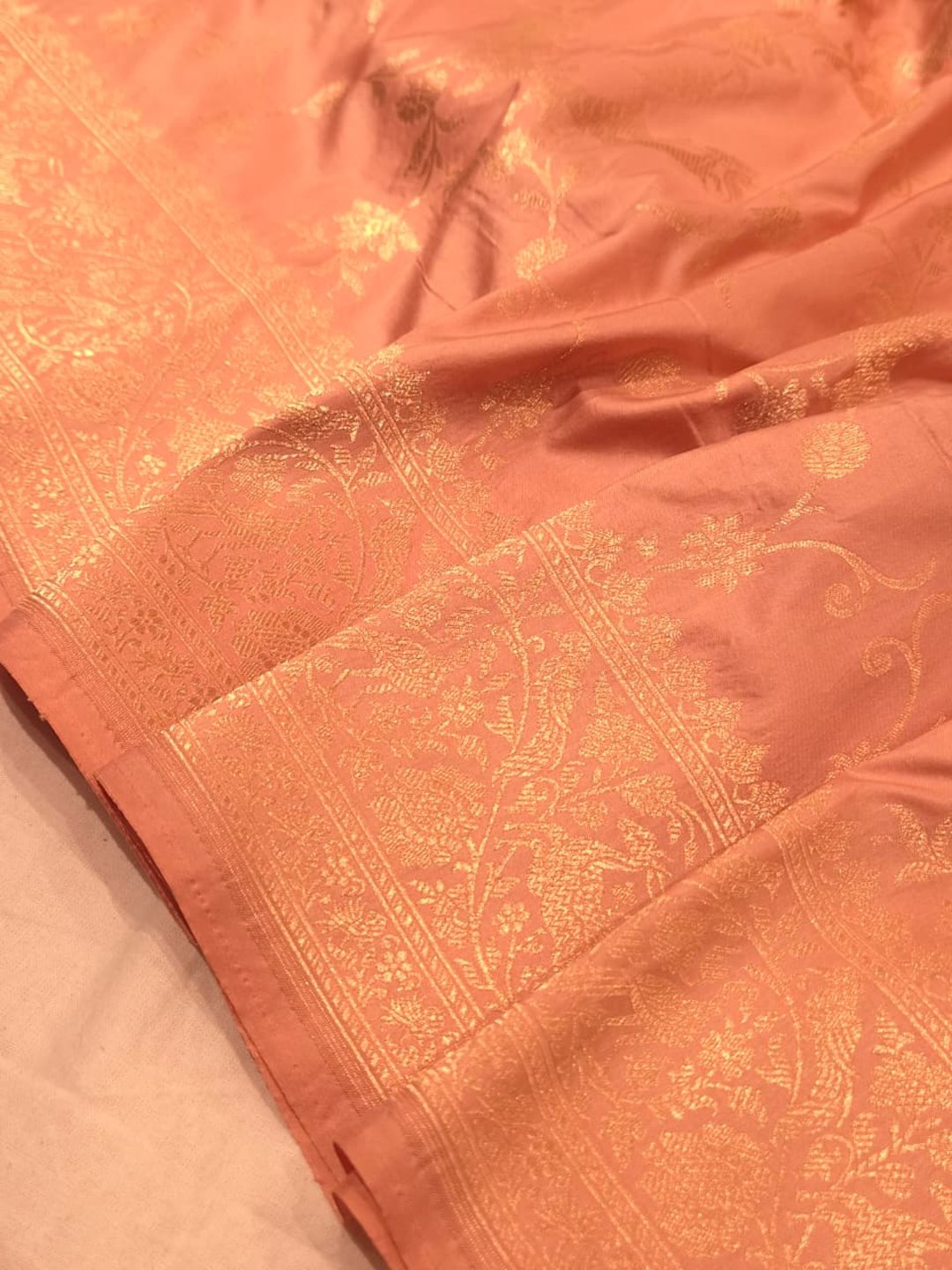 Light Peach Pink Katan Silk Banarasi saree border closeup