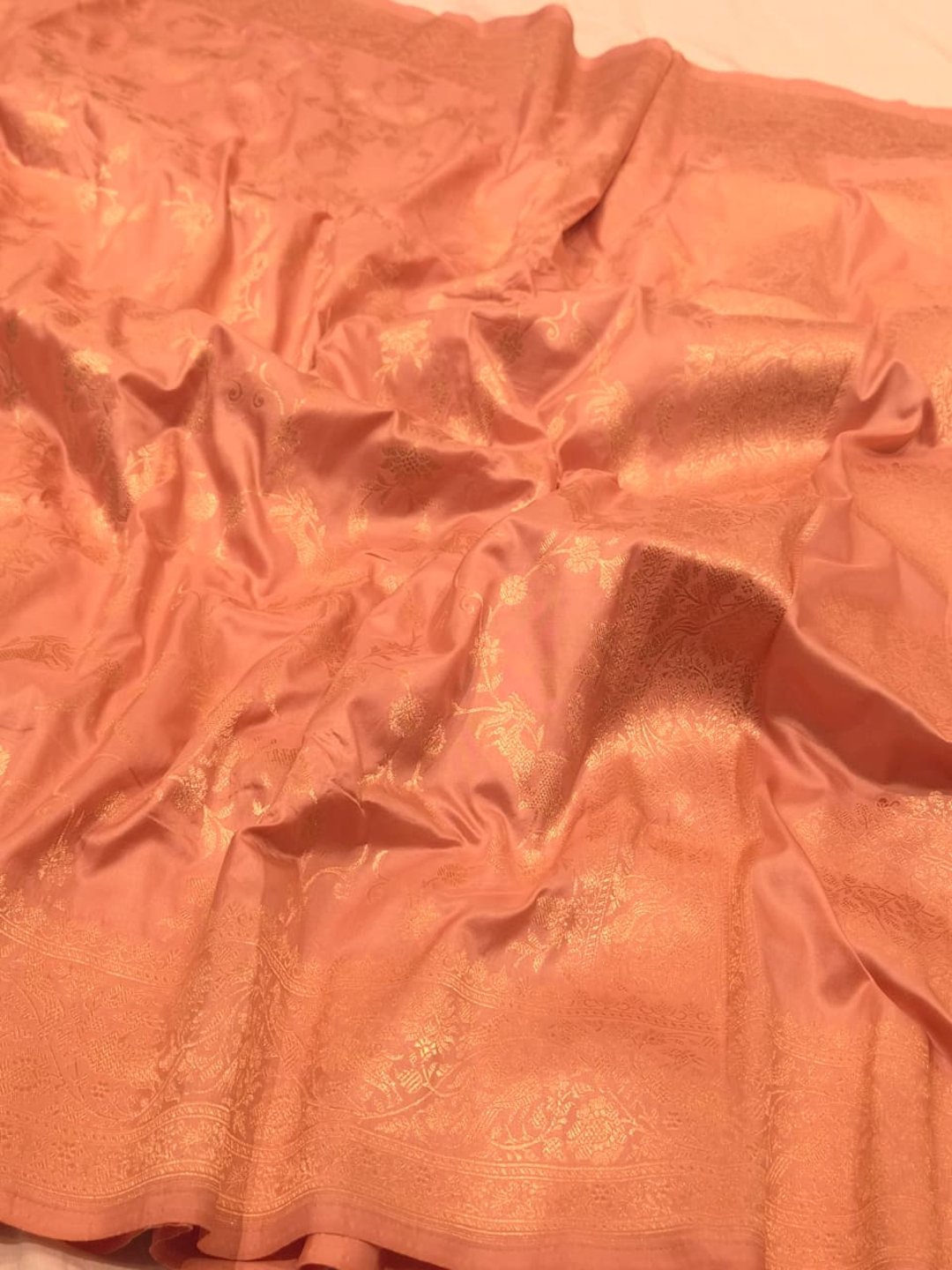 Light Peach Pink Katan Silk Banarasi saree full spread