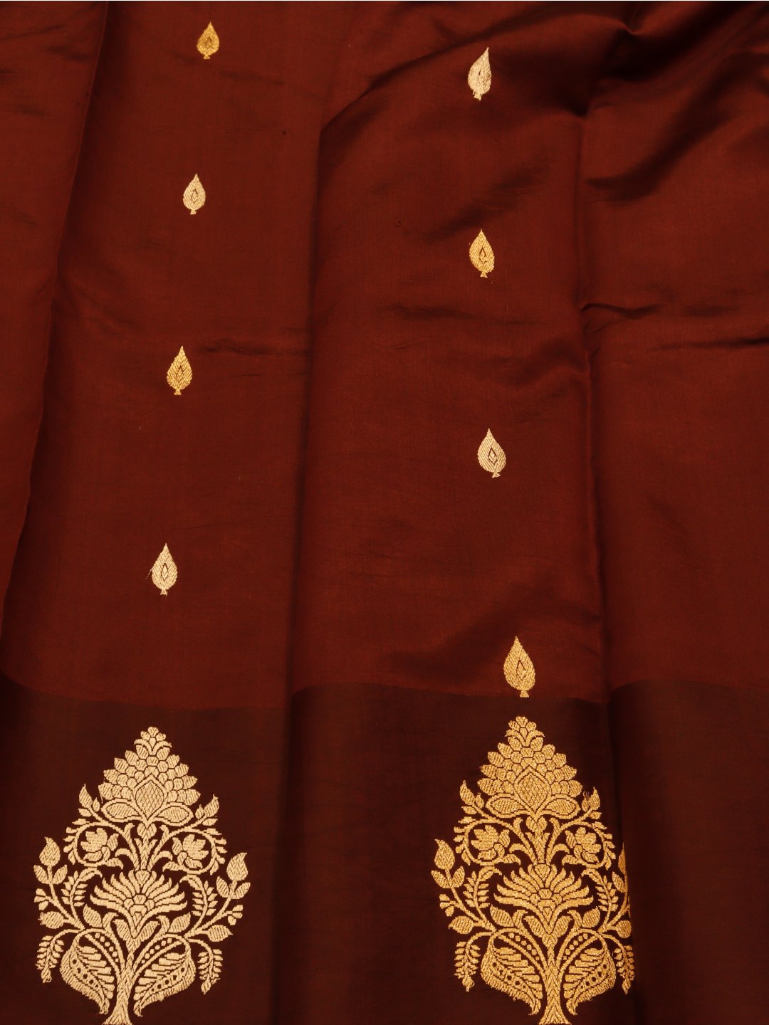 Deep Maroon Katan Silk Banarasi saree front drape view