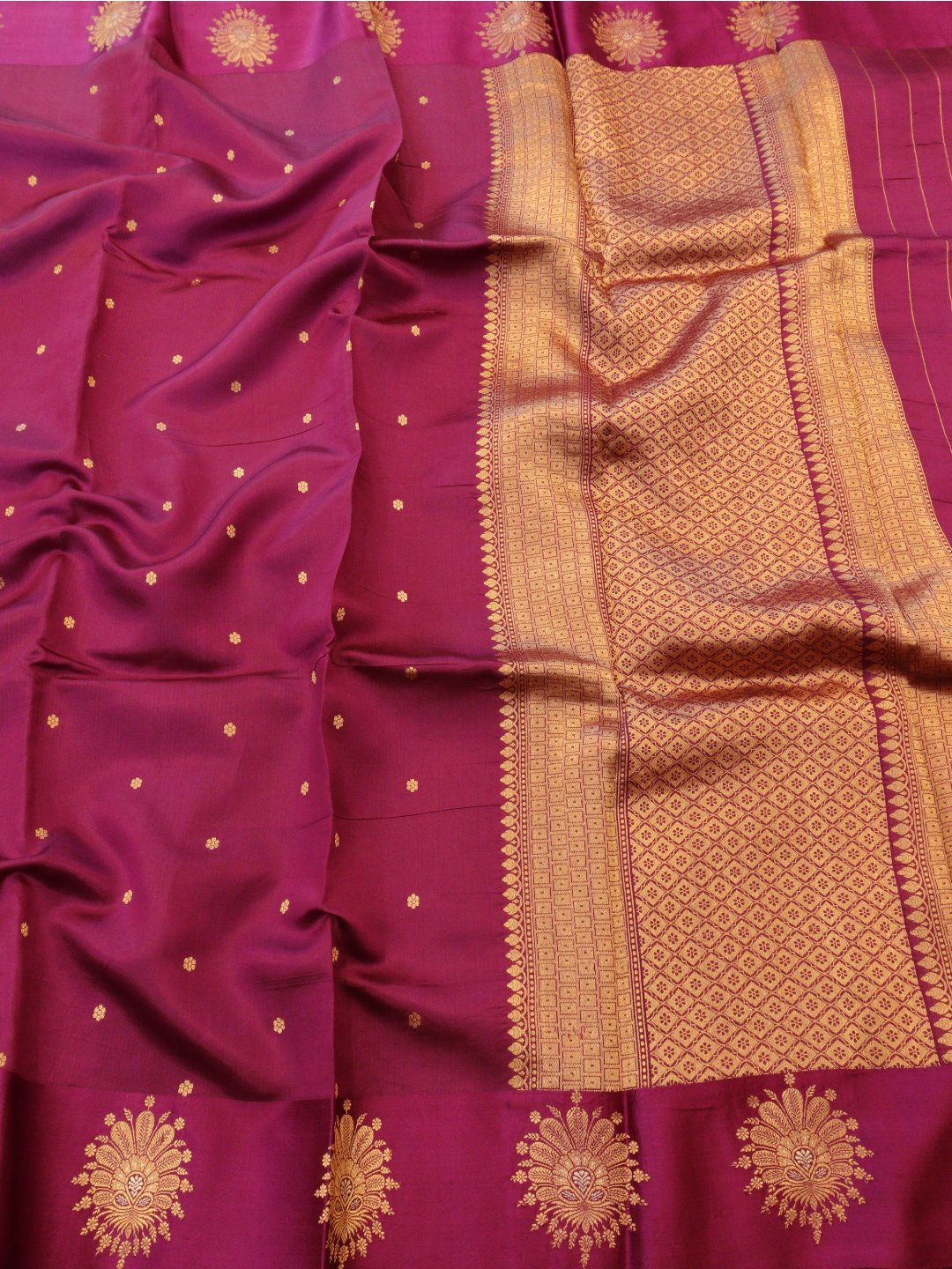 Dark Magenta Color Katan Silk Banarasi saree front drape view