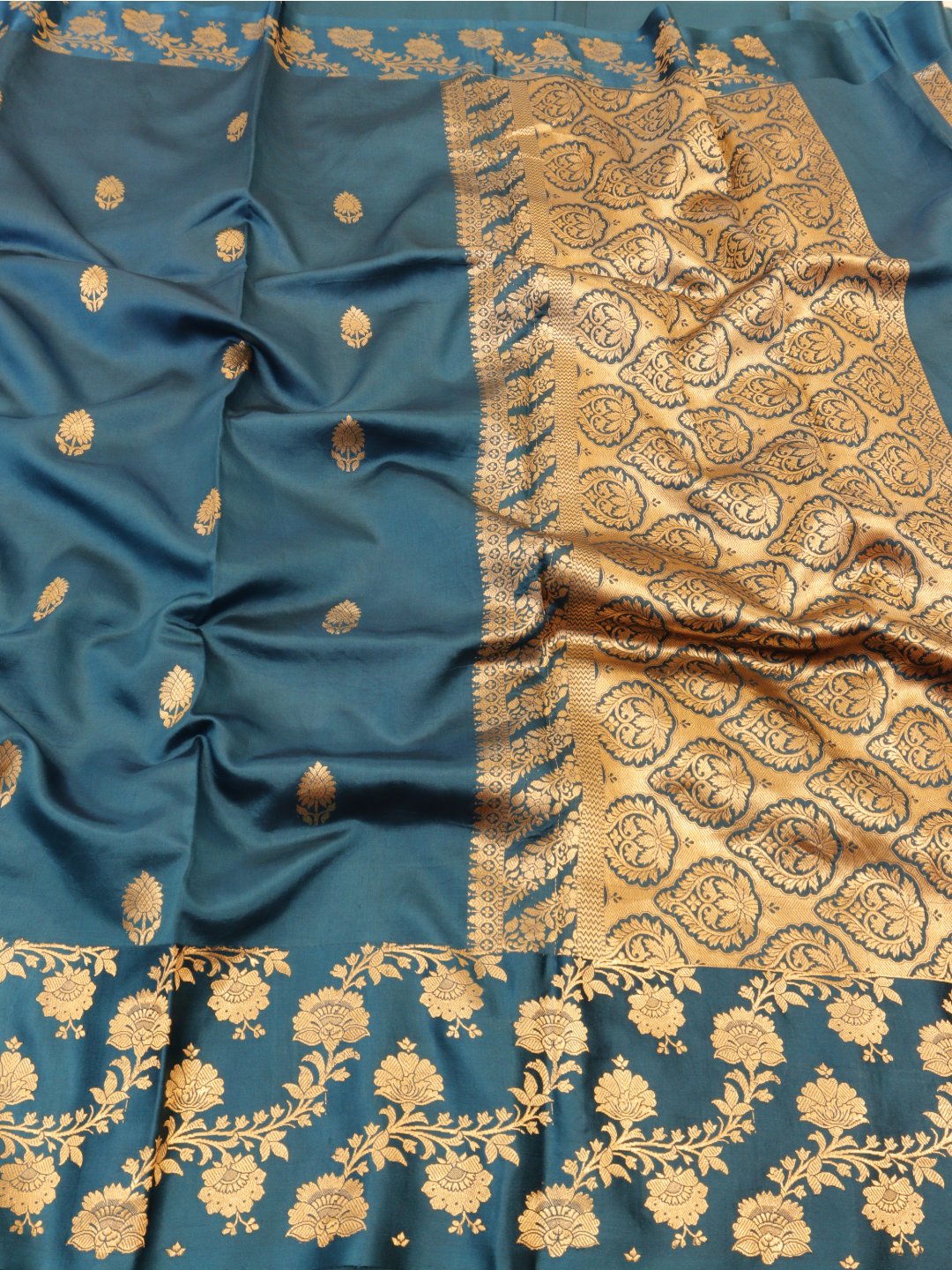 Dark Teal Blue Katan Silk Banarasi saree front drape view