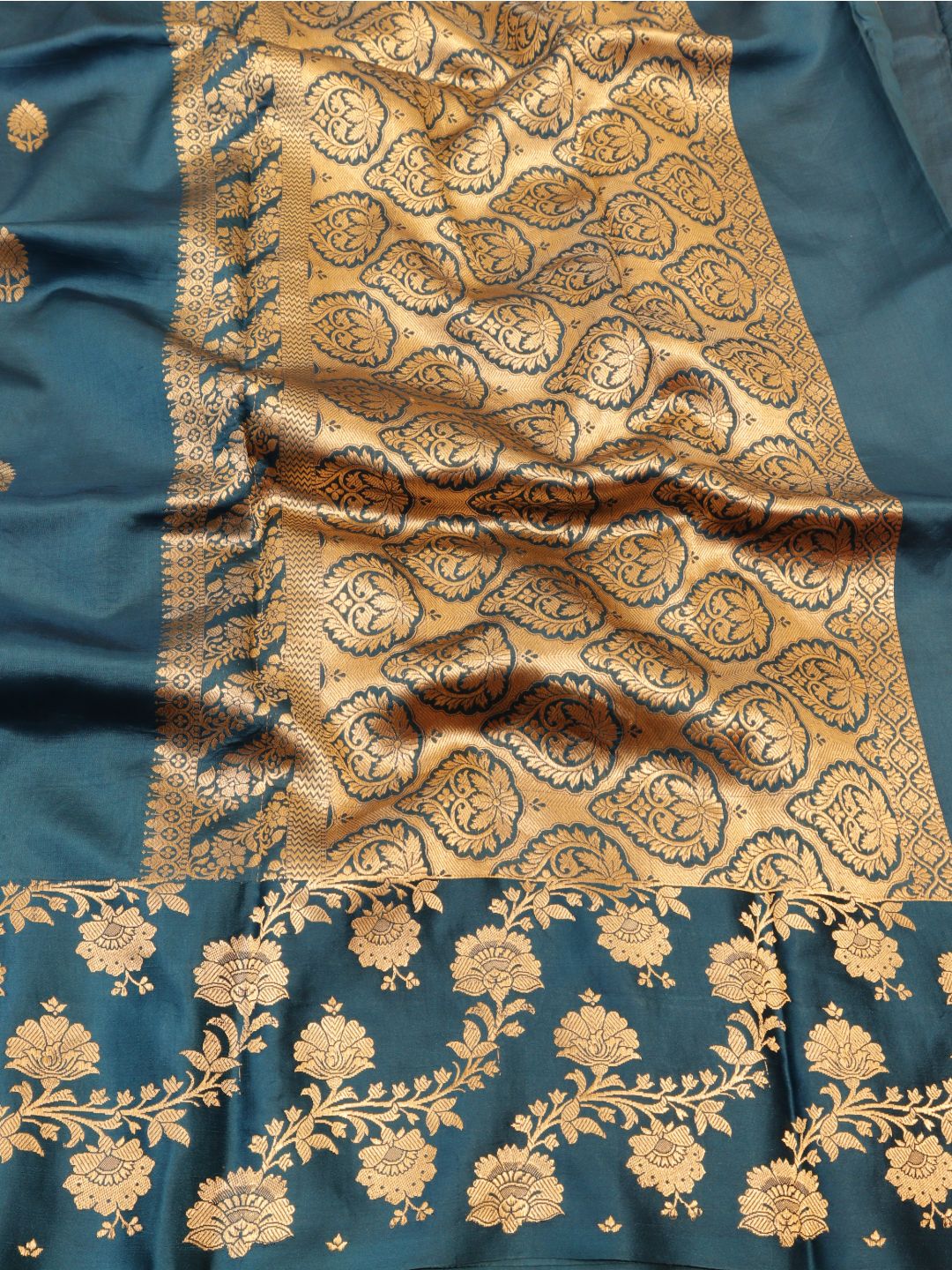 Dark Teal Blue Katan Silk Banarasi saree pallu detail