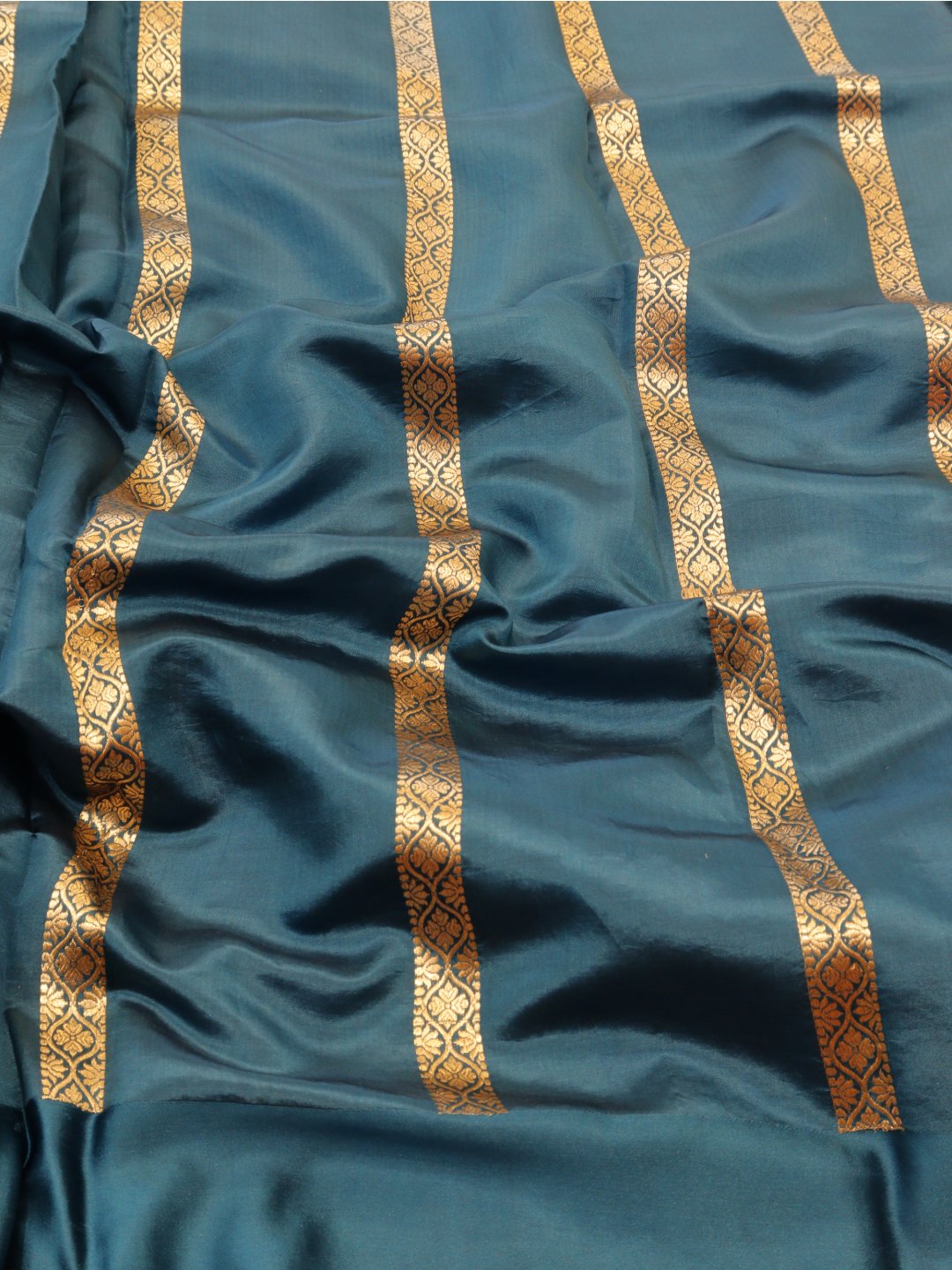 Dark Teal Blue Katan Silk Banarasi saree full spread