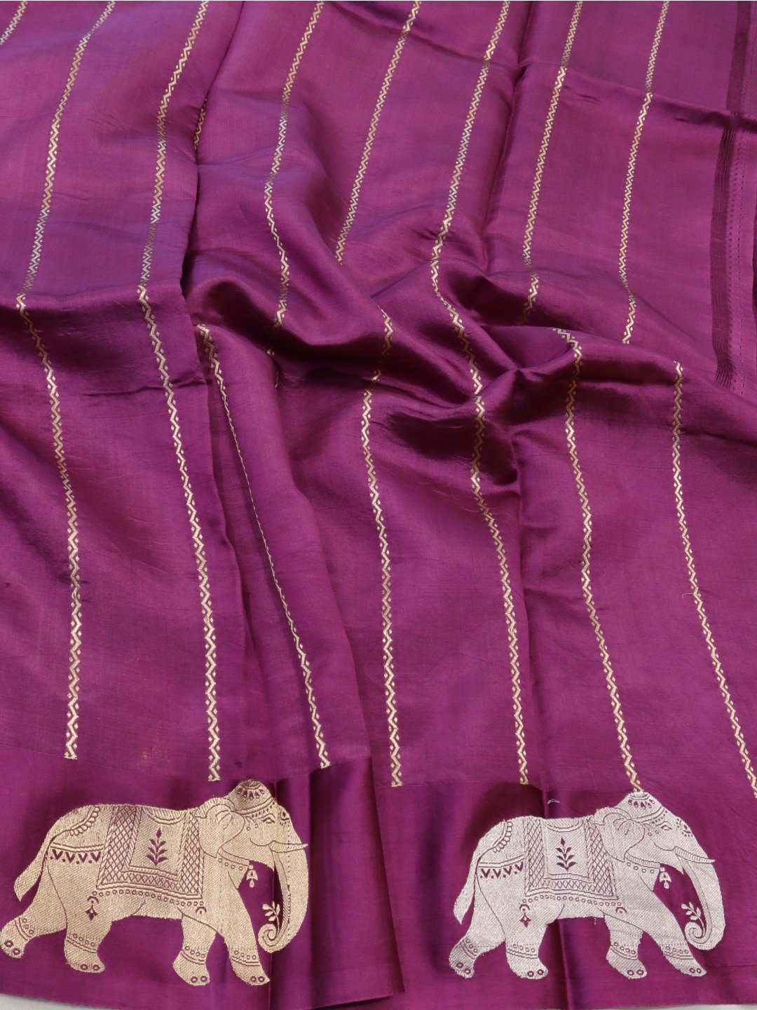 Magenta Pink with gold and silver-toned zari Katan Silk Banarasi saree texture detail