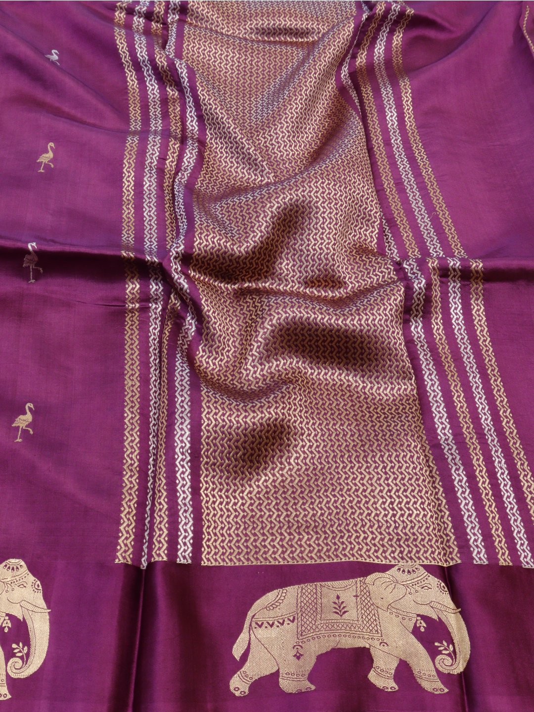 Magenta Pink with gold and silver-toned zari Katan Silk Banarasi saree pallu detail