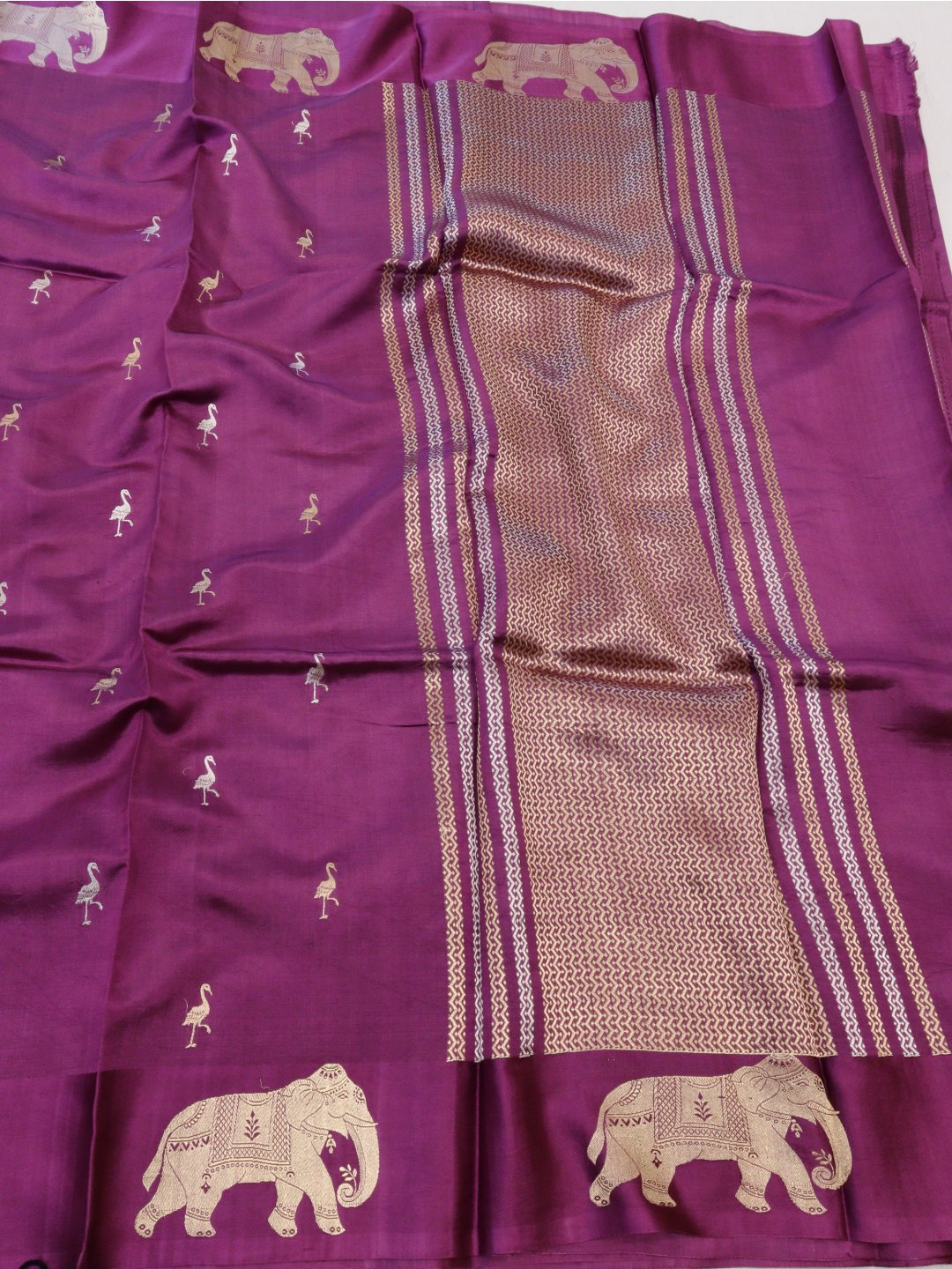 Magenta Pink with gold and silver-toned zari Katan Silk Banarasi saree front drape view